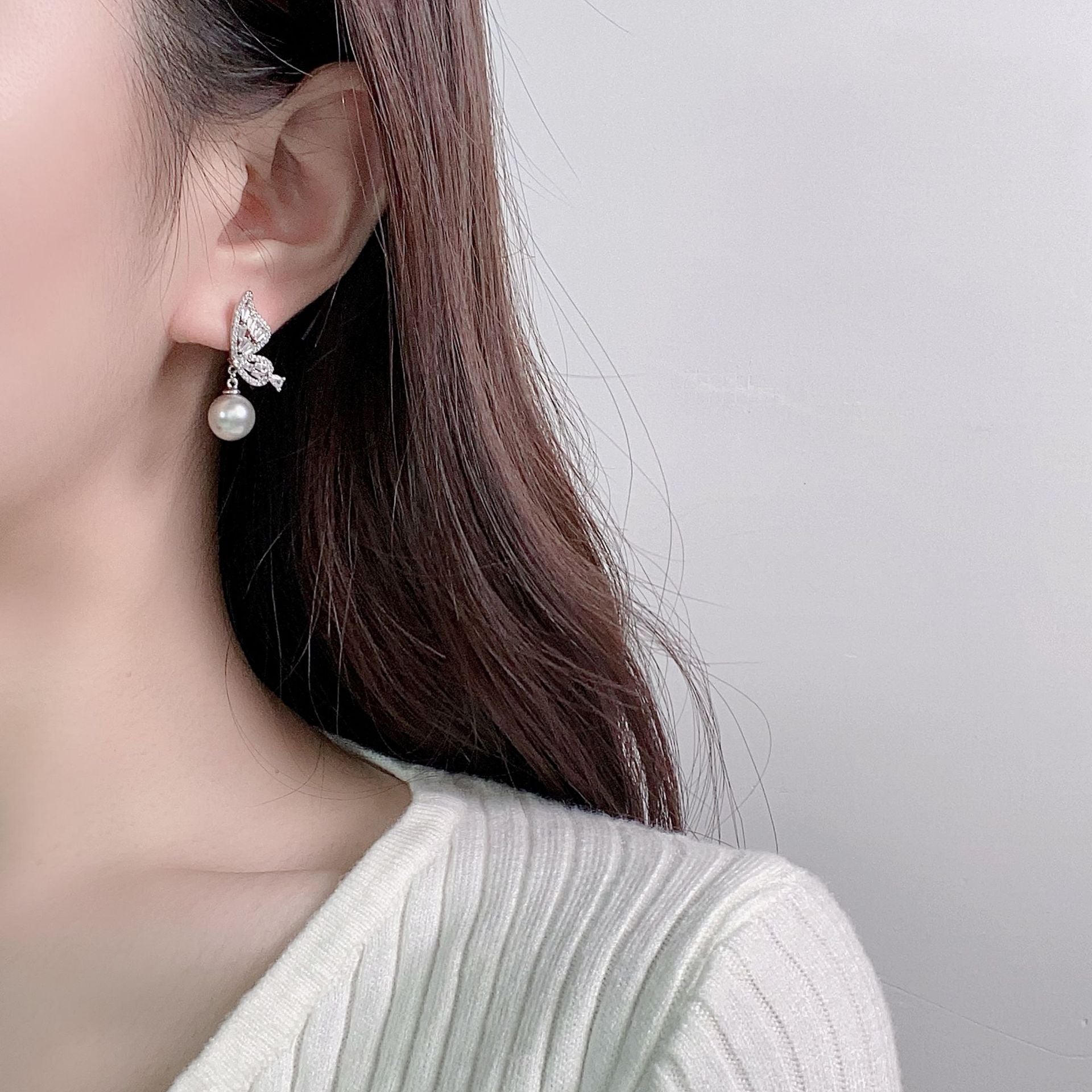 Baguette CZ Butterfly Pearl Drop Earrings | 18K Gold Plated Brass | Wholesale OEM