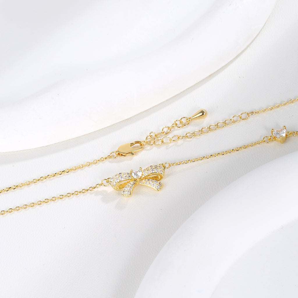 Pavé Clear CZ Bow Pendant Dainty Chain Necklace | 18K Gold Plated Brass | Wholesale OEM