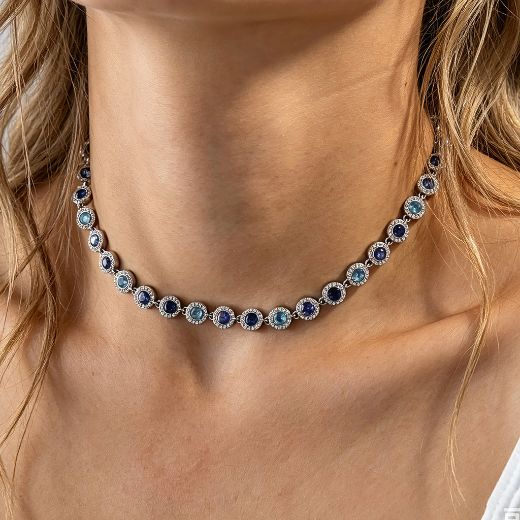 Gradient Blue CZ Halo Tennis Necklace | Silver Tone 316L Stainless Steel | Wholesale OEM