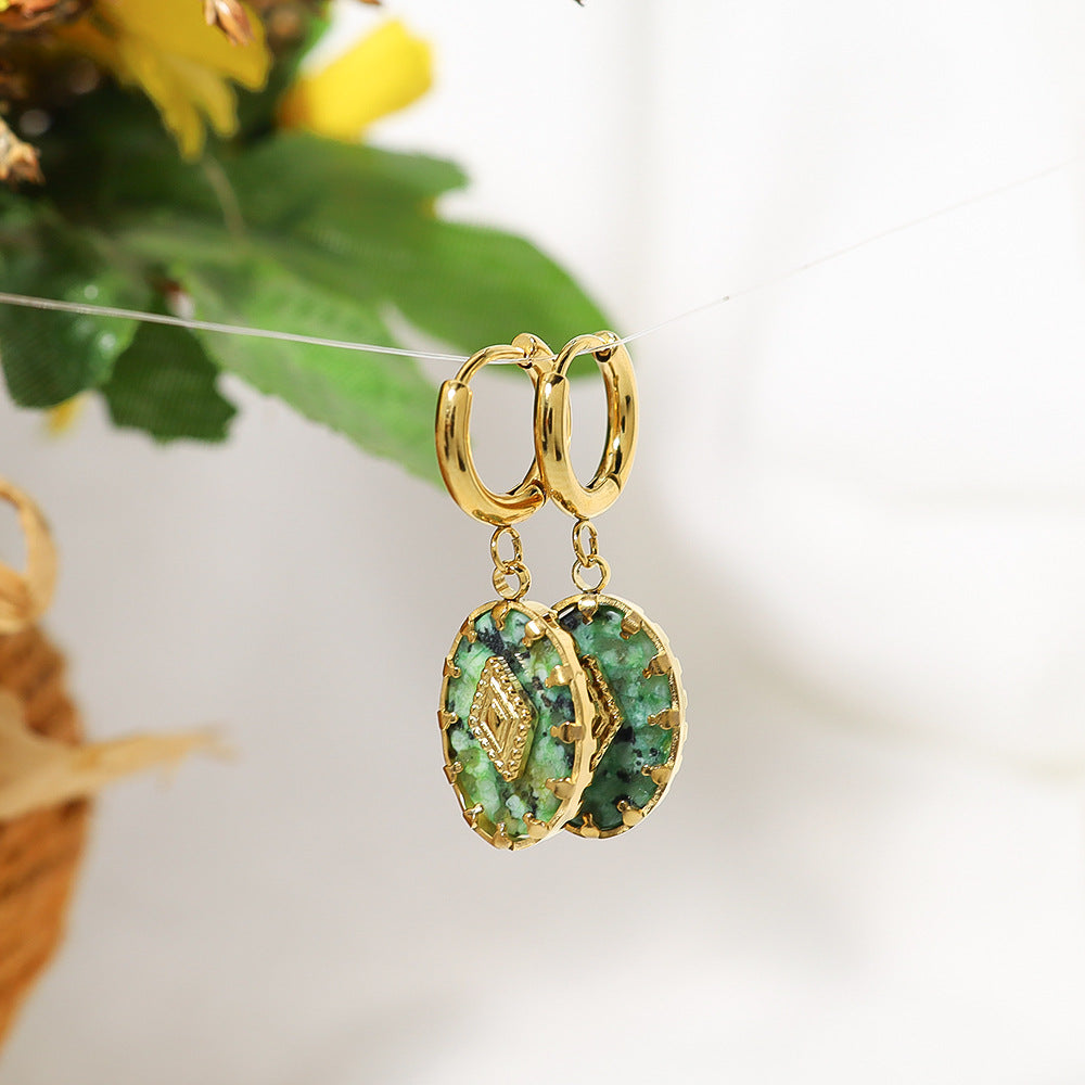 Vintage Oval Green Stone Huggie Earrings | 18K Gold Plated 316L Stainless Steel | Wholesale OEM
