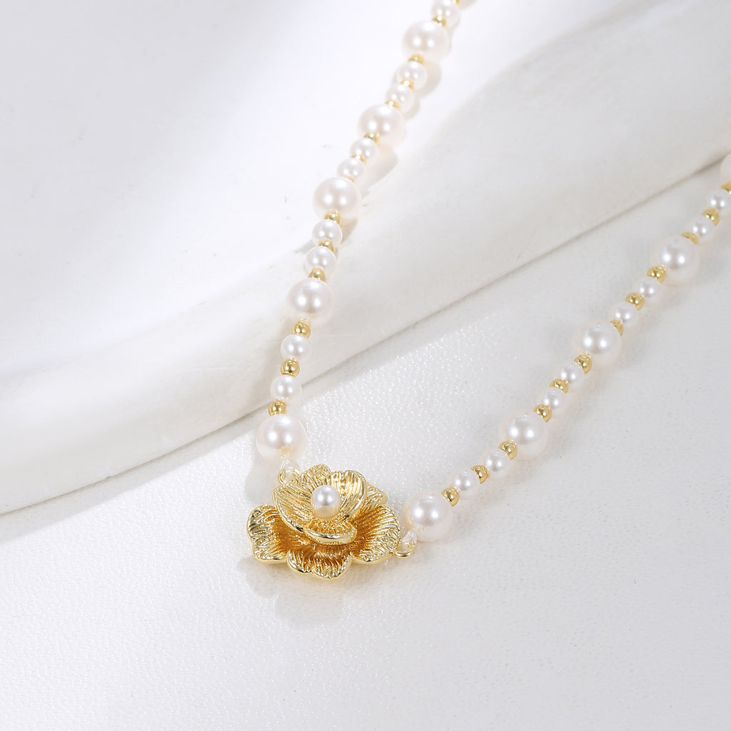 Brushed 3D Flower Pearl Beaded Strand Necklace | 18K Gold Plated Brass | Wholesale OEM