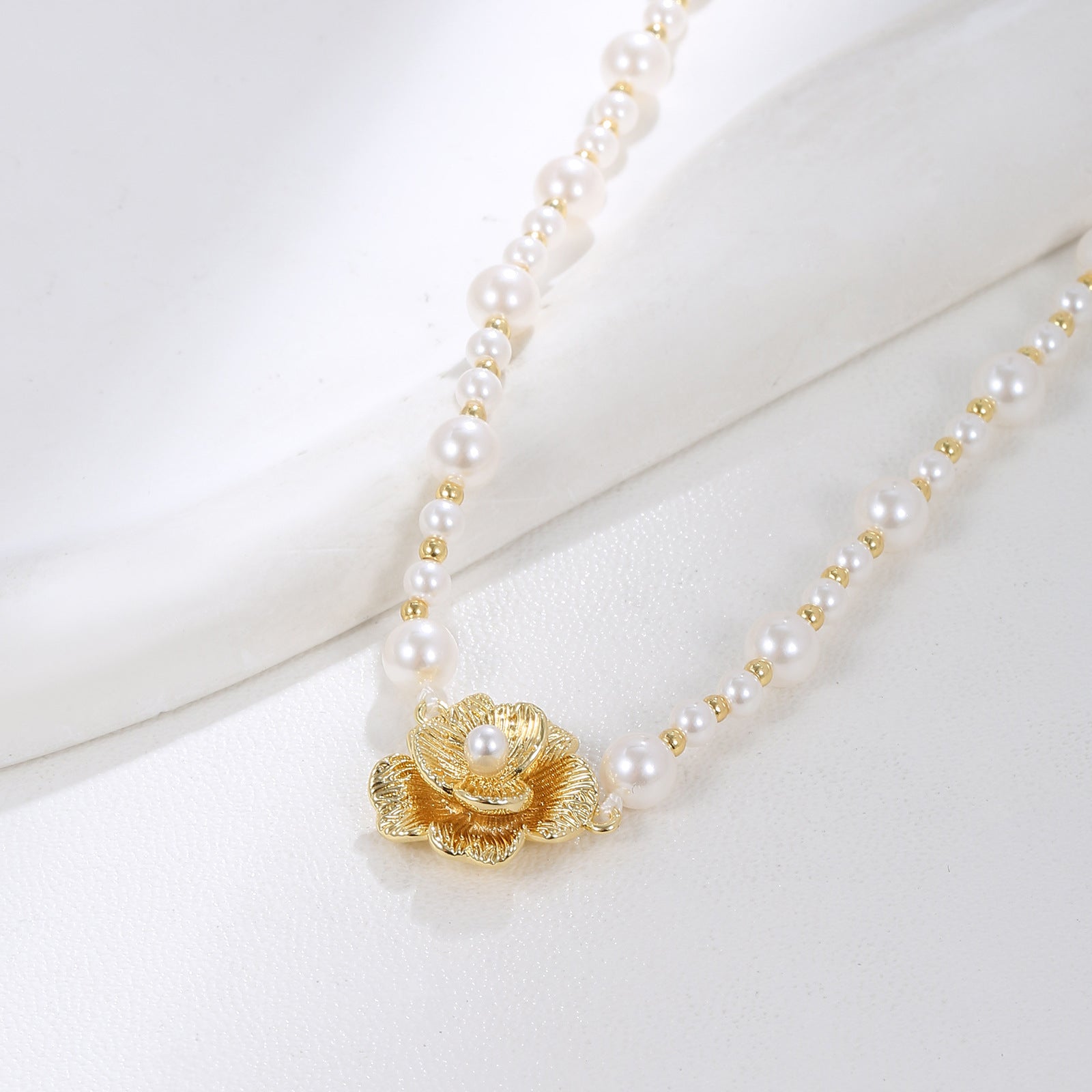 Brushed 3D Flower Pearl Beaded Strand Necklace | 18K Gold Plated Brass | Wholesale OEM