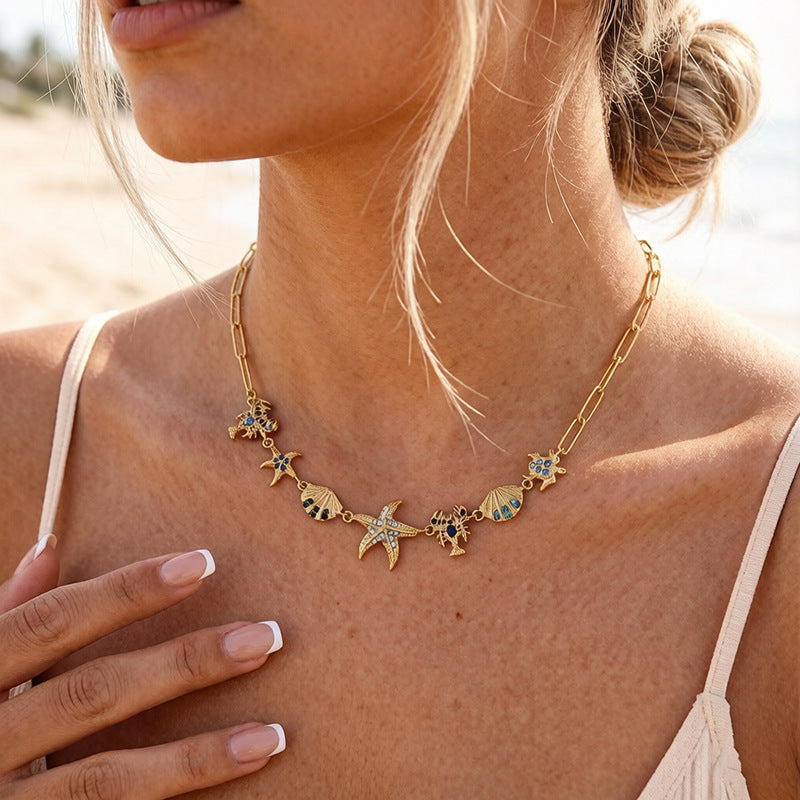 Ocean Creature Blue CZ Paperclip Chain Necklace | 18K Gold Plated 316L Stainless Steel | Wholesale OEM
