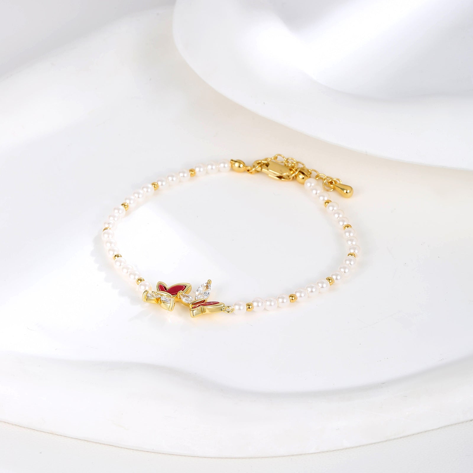 Red Enamel & Marquise CZ Butterfly Pearl Beaded Bracelet | 18K Gold Plated Brass | Wholesale OEM
