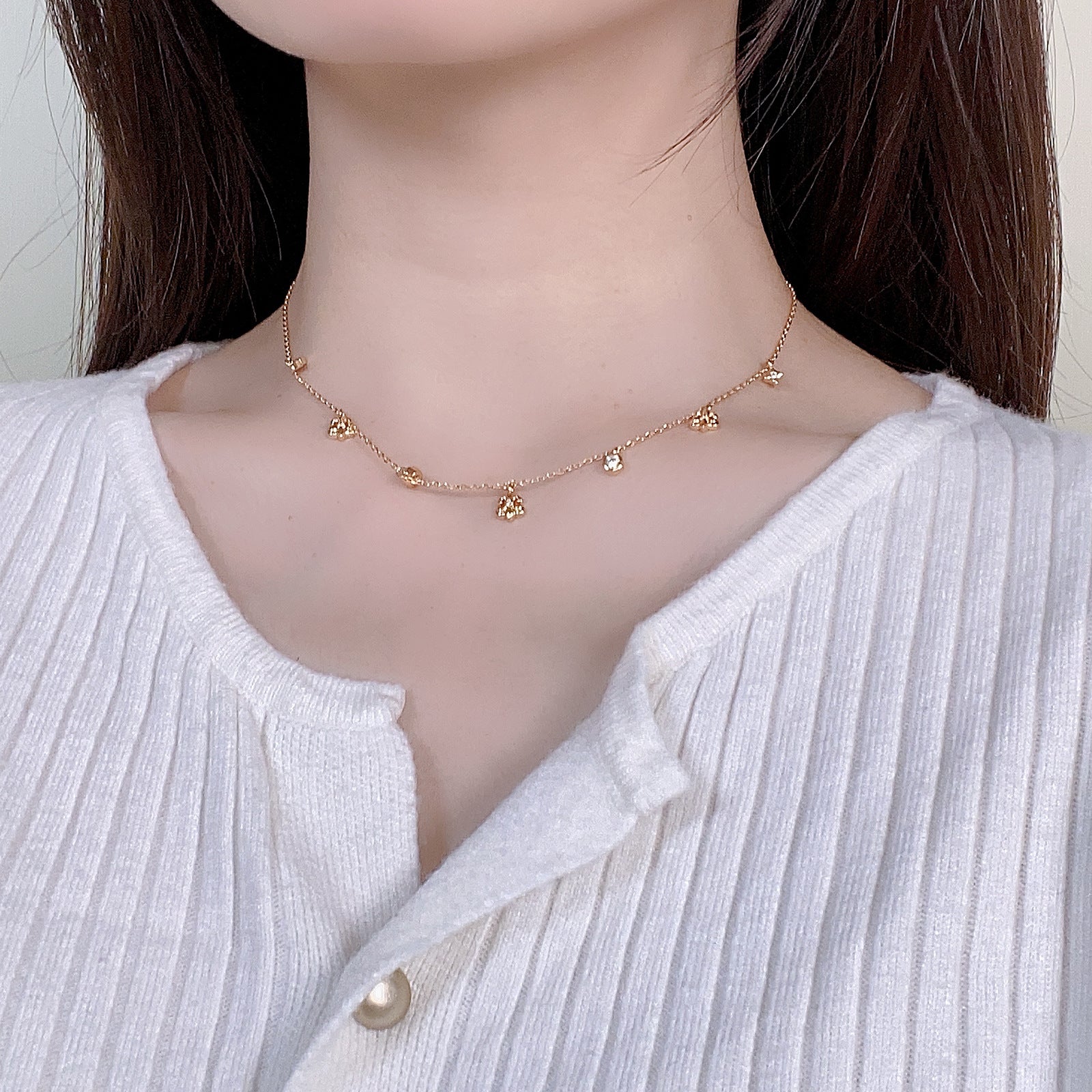 Dainty Fleur-de-lis & Star CZ Charm Station Necklace | 18K Gold Plated Brass | Wholesale OEM