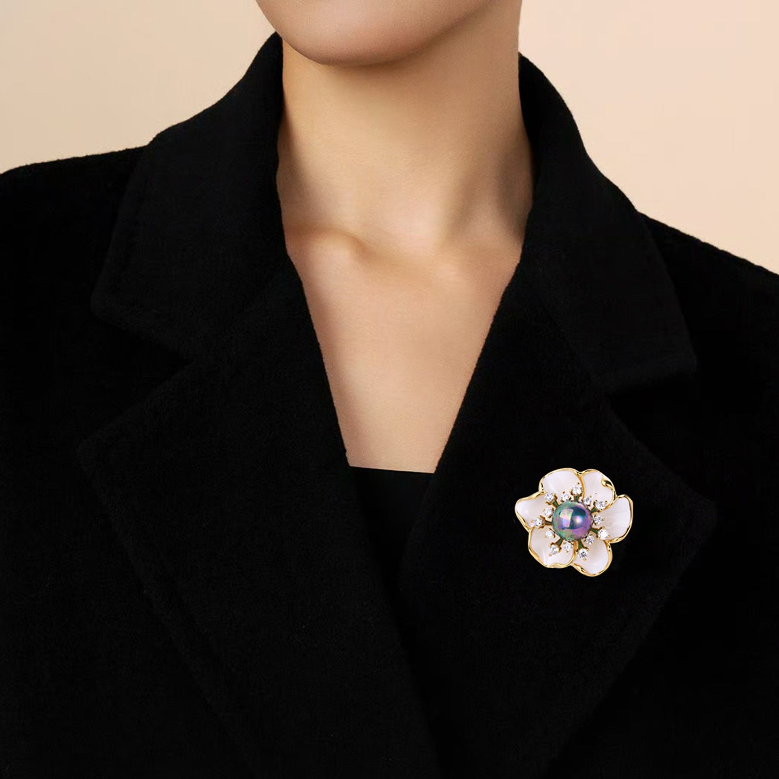 White Enamel Floral Brooch with Iridescent Pearl & CZ Halo | 18K Gold Plated Brass | Wholesale OEM
