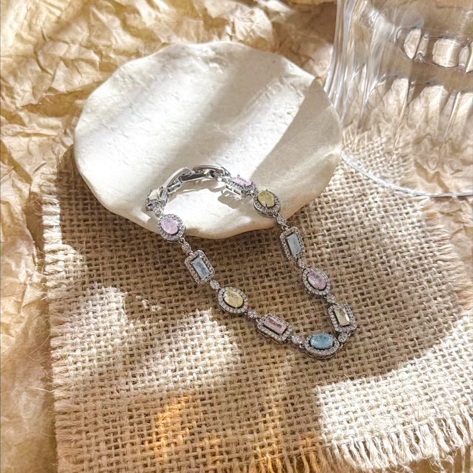 Multicolor Mixed Cut CZ Halo Link Bracelet | Silver Plated Brass | Wholesale OEM