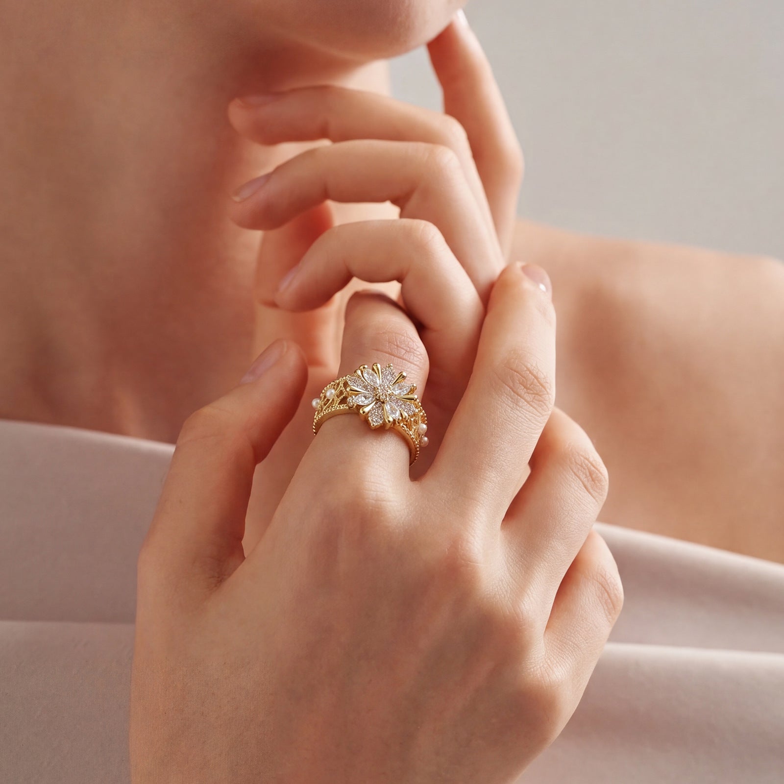 Vintage Floral CZ Pearl Hollow Open Ring | 18K Gold Plated Brass | Wholesale OEM