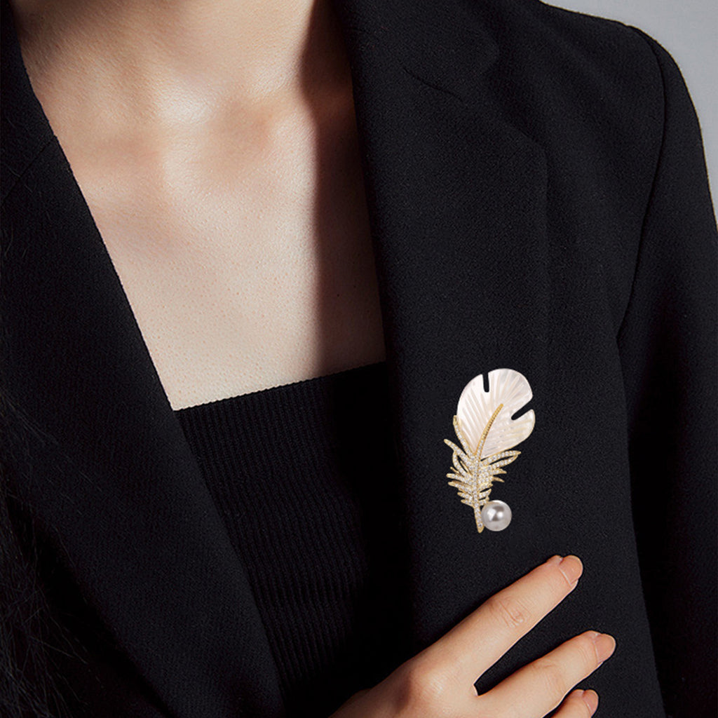 Carved Mother of Pearl Feather Brooch with Pavé CZ & Grey Pearl | 18K Gold Plated Brass | Wholesale OEM