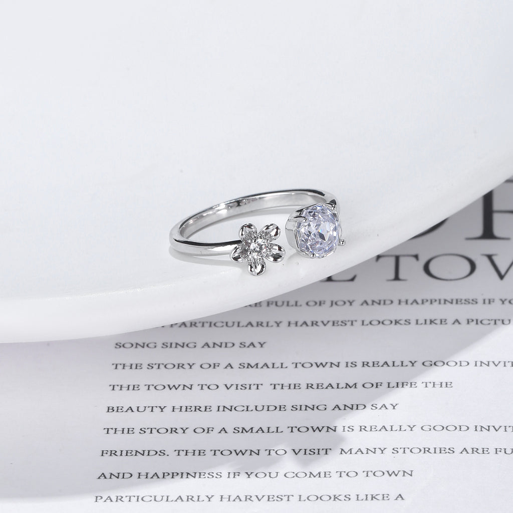 Cushion Cut CZ Flower Open Ring | Silver Plated Brass | Wholesale OEM