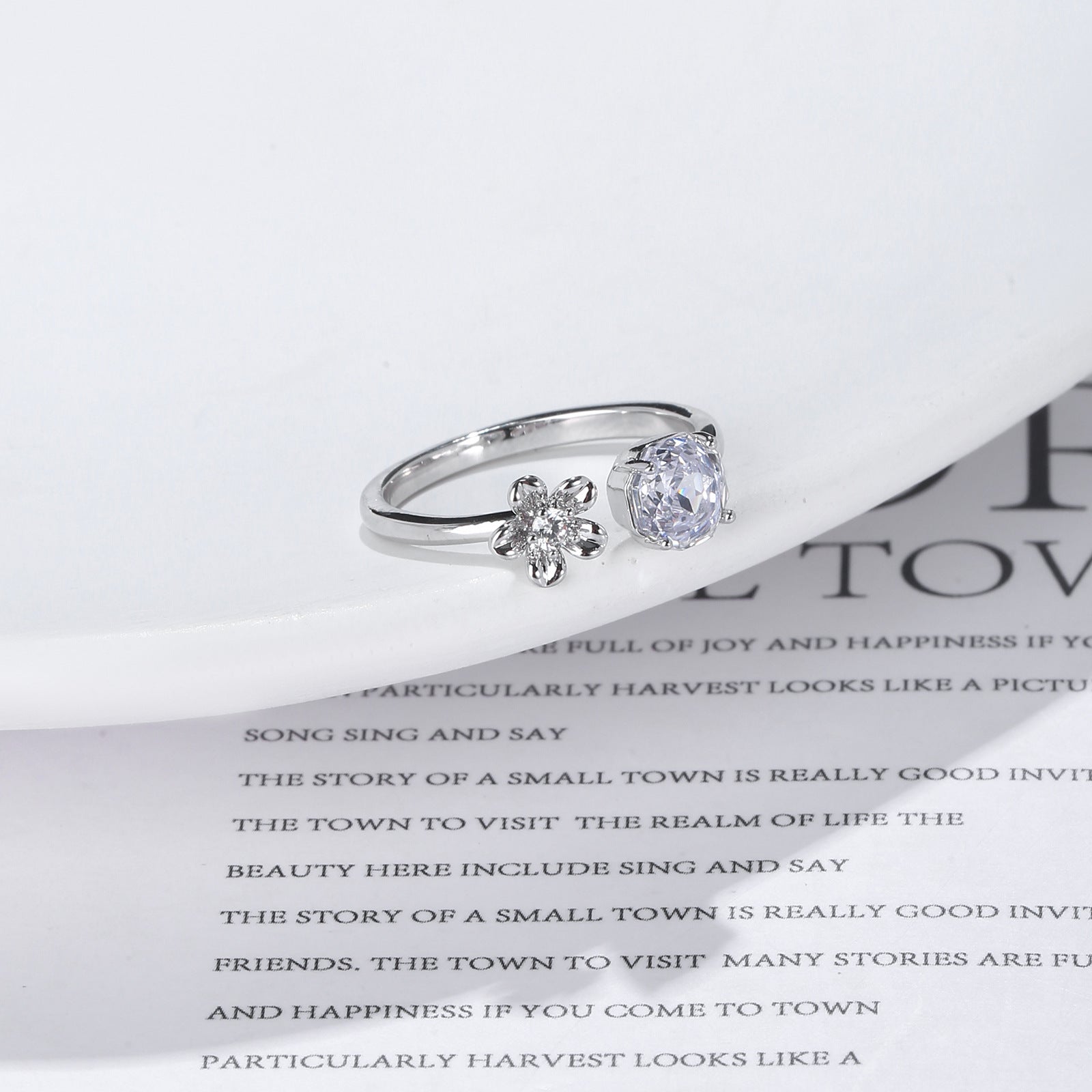 Cushion Cut CZ Flower Open Ring | Silver Plated Brass | Wholesale OEM