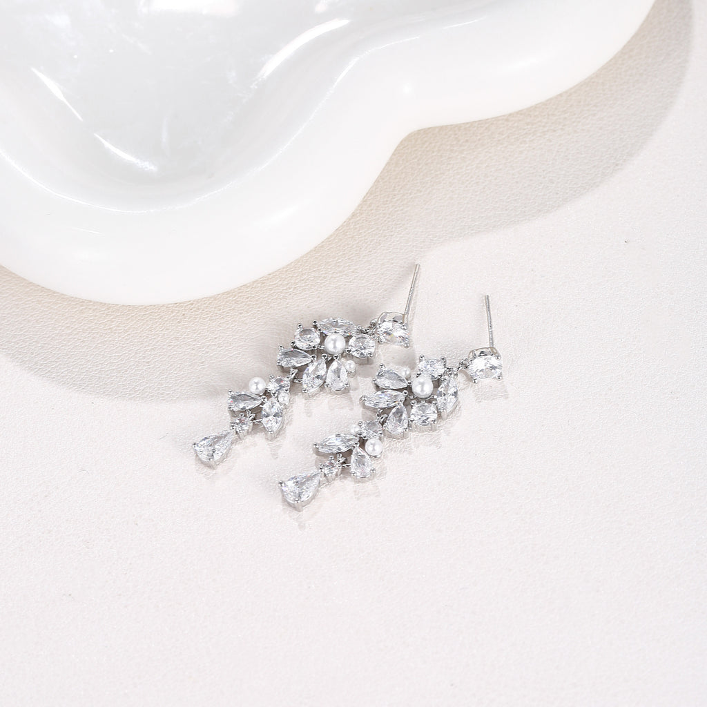Pearl & Mixed Cut CZ Cascading Leaf Drop Earrings | 18K Gold Plated Brass | Wholesale OEM