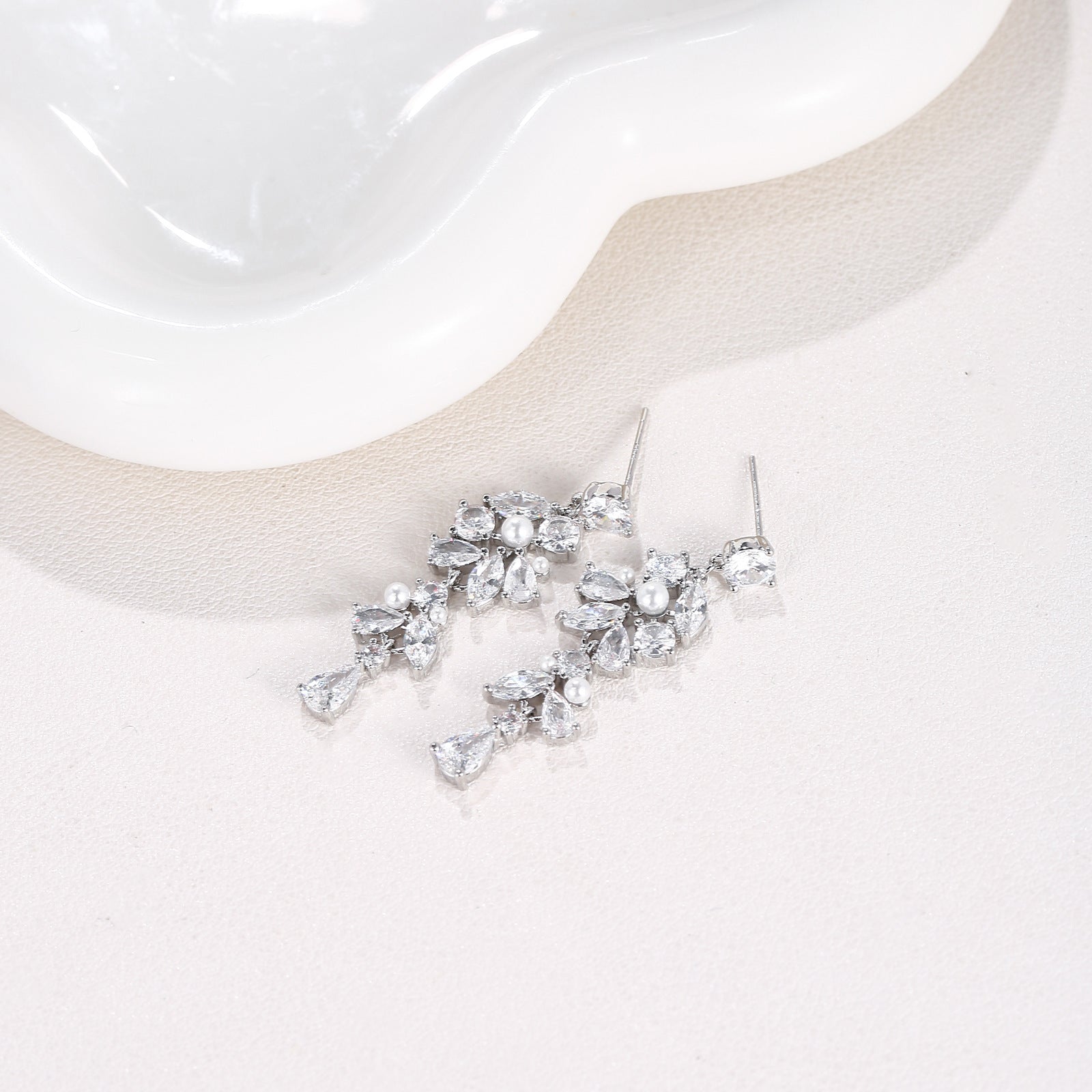 Pearl & Mixed Cut CZ Cascading Leaf Drop Earrings | 18K Gold Plated Brass | Wholesale OEM