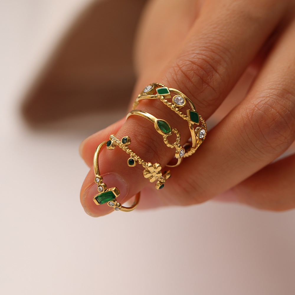 Emerald Green CZ Vintage Ring | 18K Gold Plated 316L Stainless Steel | Adjustable Wholesale