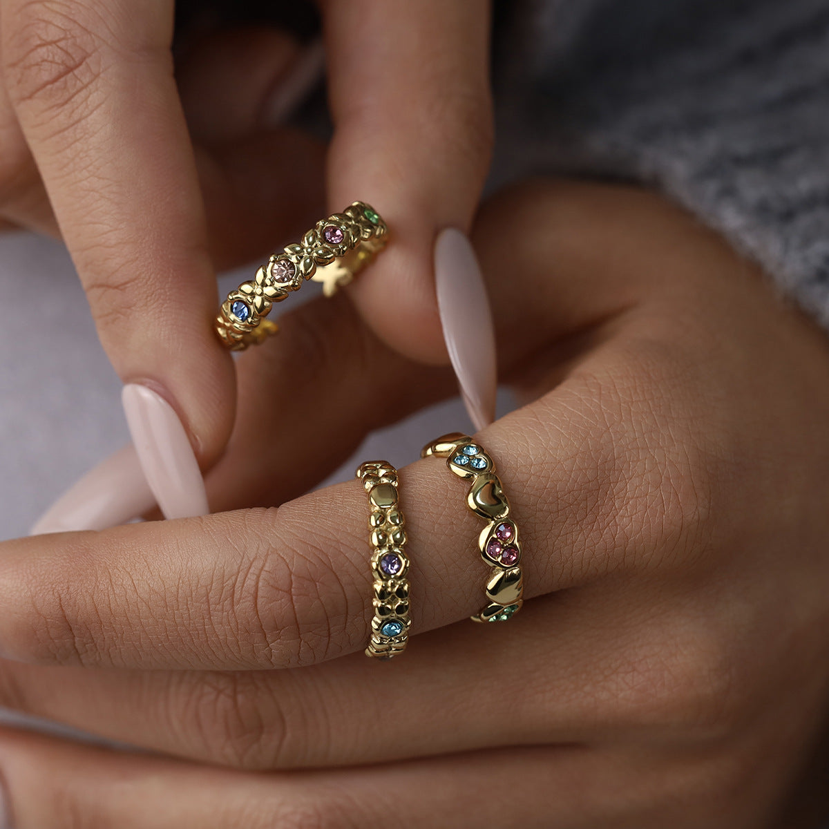 Multicolor Zircon Textured Open Ring | 18K Gold Plated 316L Stainless Steel | Wholesale OEM