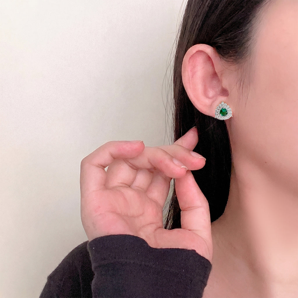 Emerald Green CZ Double Halo Triangle Stud Earrings | Silver Plated Brass | Wholesale OEM