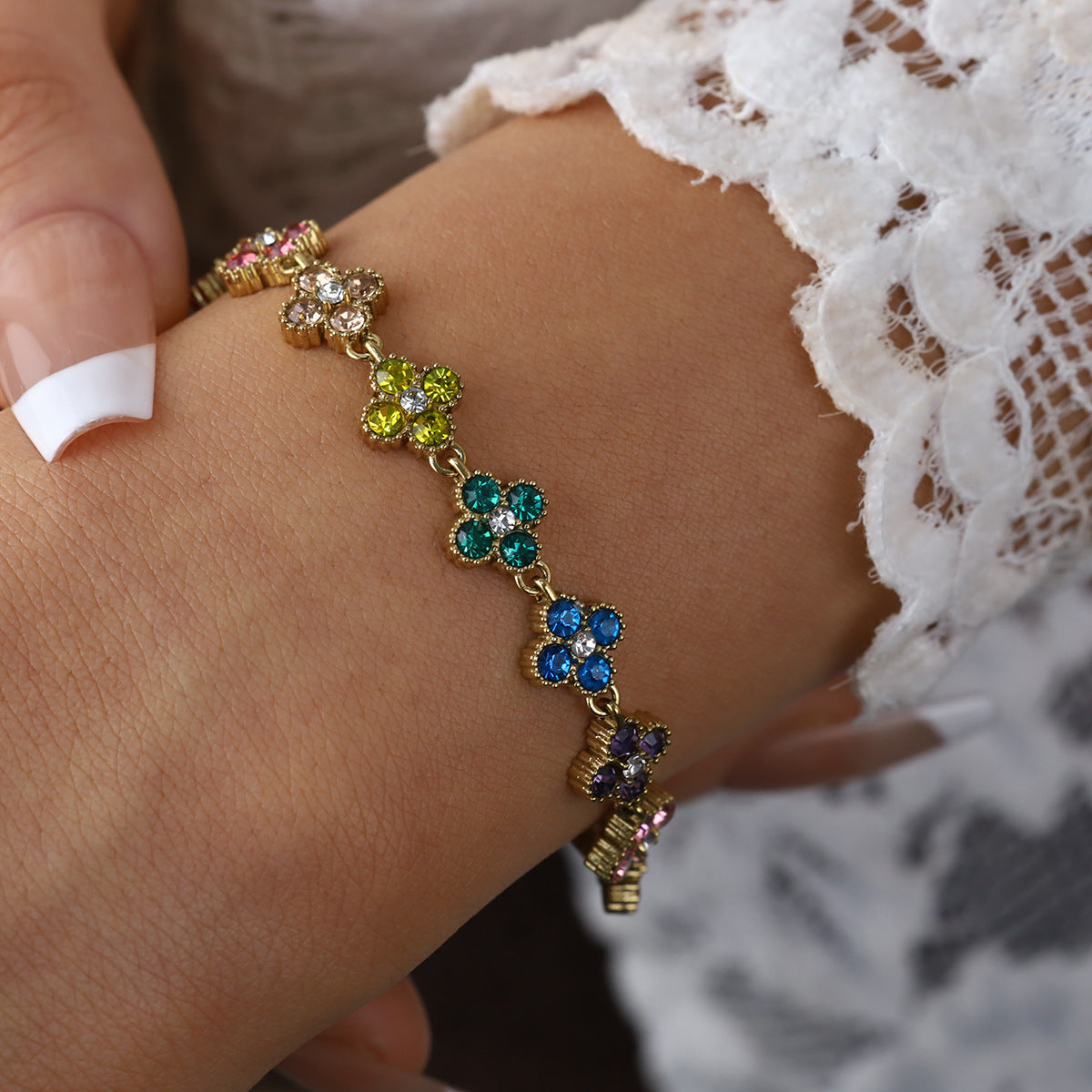 Multicolor Flower CZ Chain Bracelet | 18K Gold Plated 316L Stainless Steel | Wholesale OEM