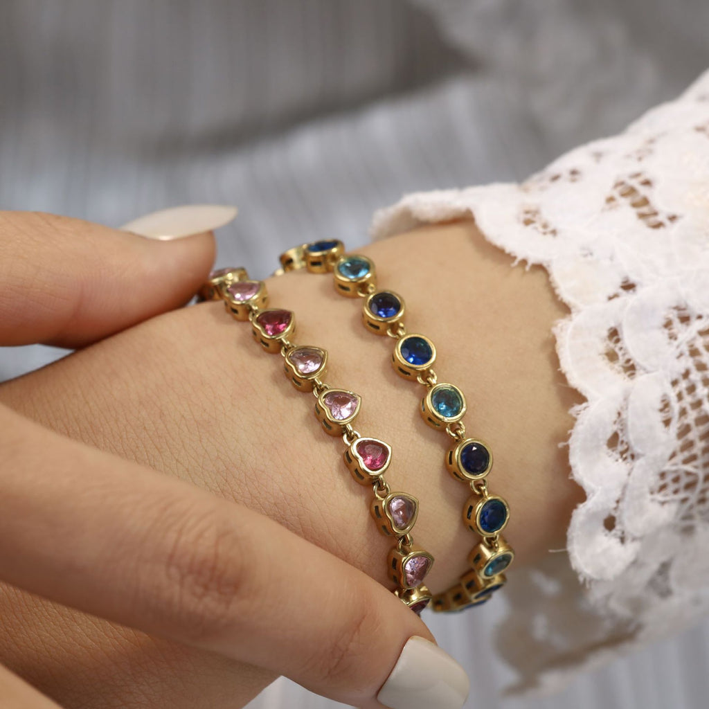 Blue Round CZ Bezel Link Bracelet | 18K Gold Plated 316L Stainless Steel | Wholesale OEM