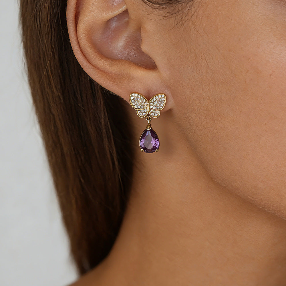 Butterfly Pave CZ Teardrop Purple Dangle Earrings | 18K Gold Plated 316L Stainless Steel | Wholesale OEM