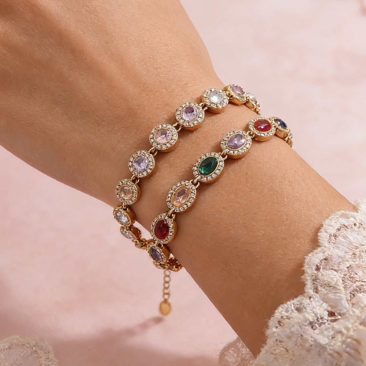 Multicolor Oval CZ Halo Bracelet | 18K Gold Plated 316L Stainless Steel | Wholesale OEM