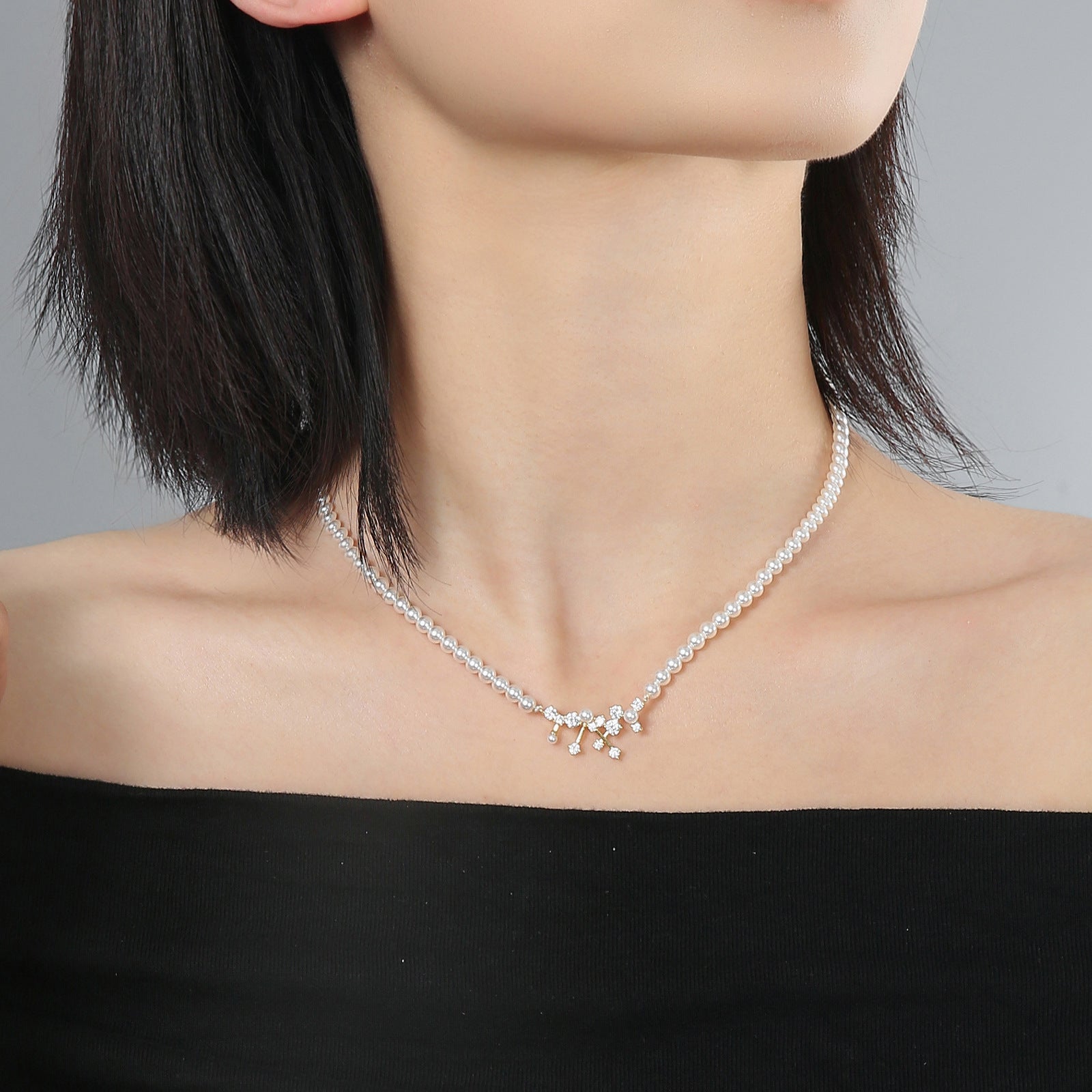 Lustrous Pearl Strand Necklace with CZ Cluster Pendant | 18K Gold Plated Brass | Wholesale OEM