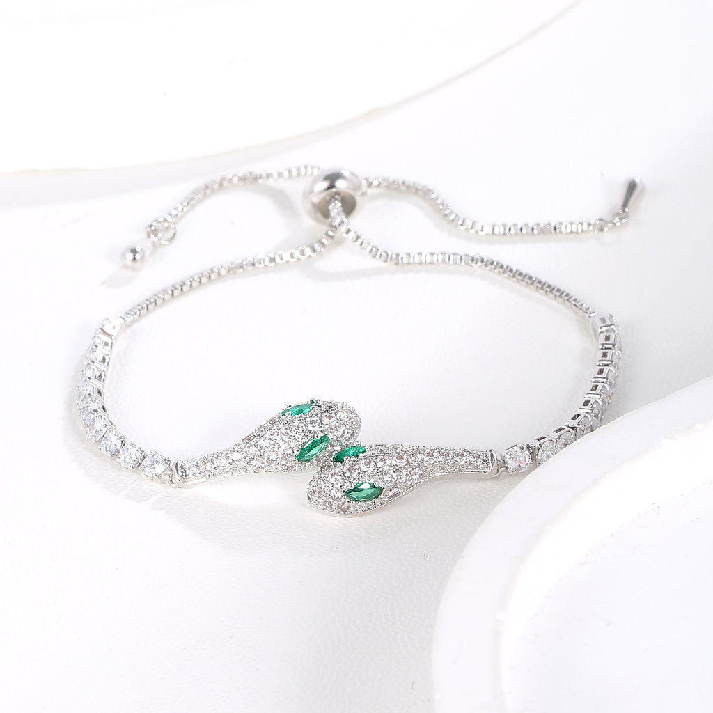 Emerald Eye Pavé CZ Double Snake Head Adjustable Tennis Bracelet | Silver Plated Brass | Wholesale OEM