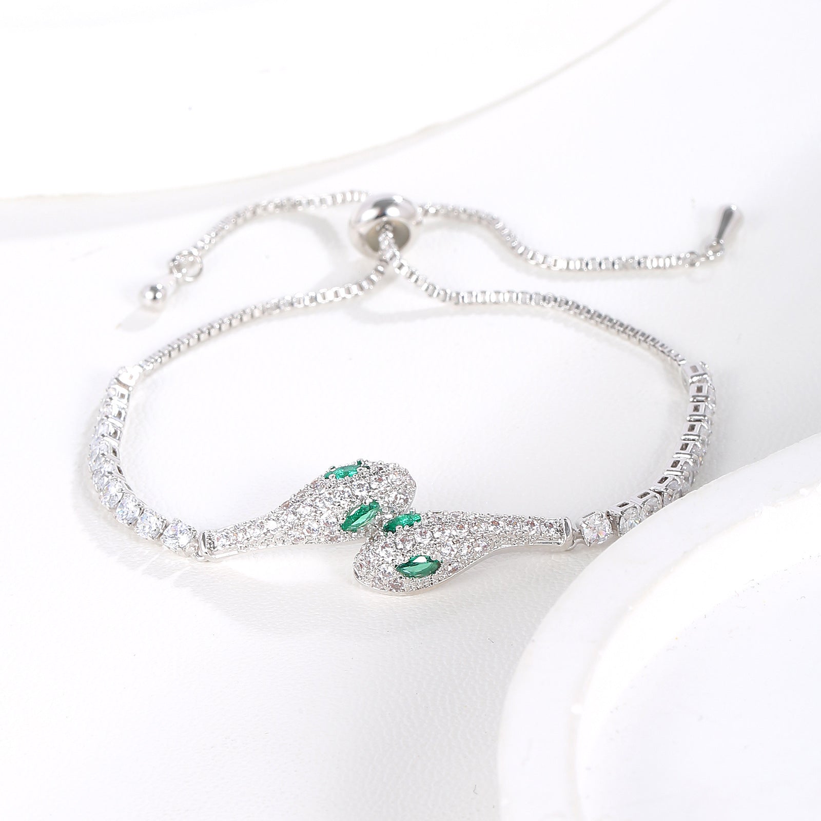 Emerald Eye Pavé CZ Double Snake Head Adjustable Tennis Bracelet | Silver Plated Brass | Wholesale OEM