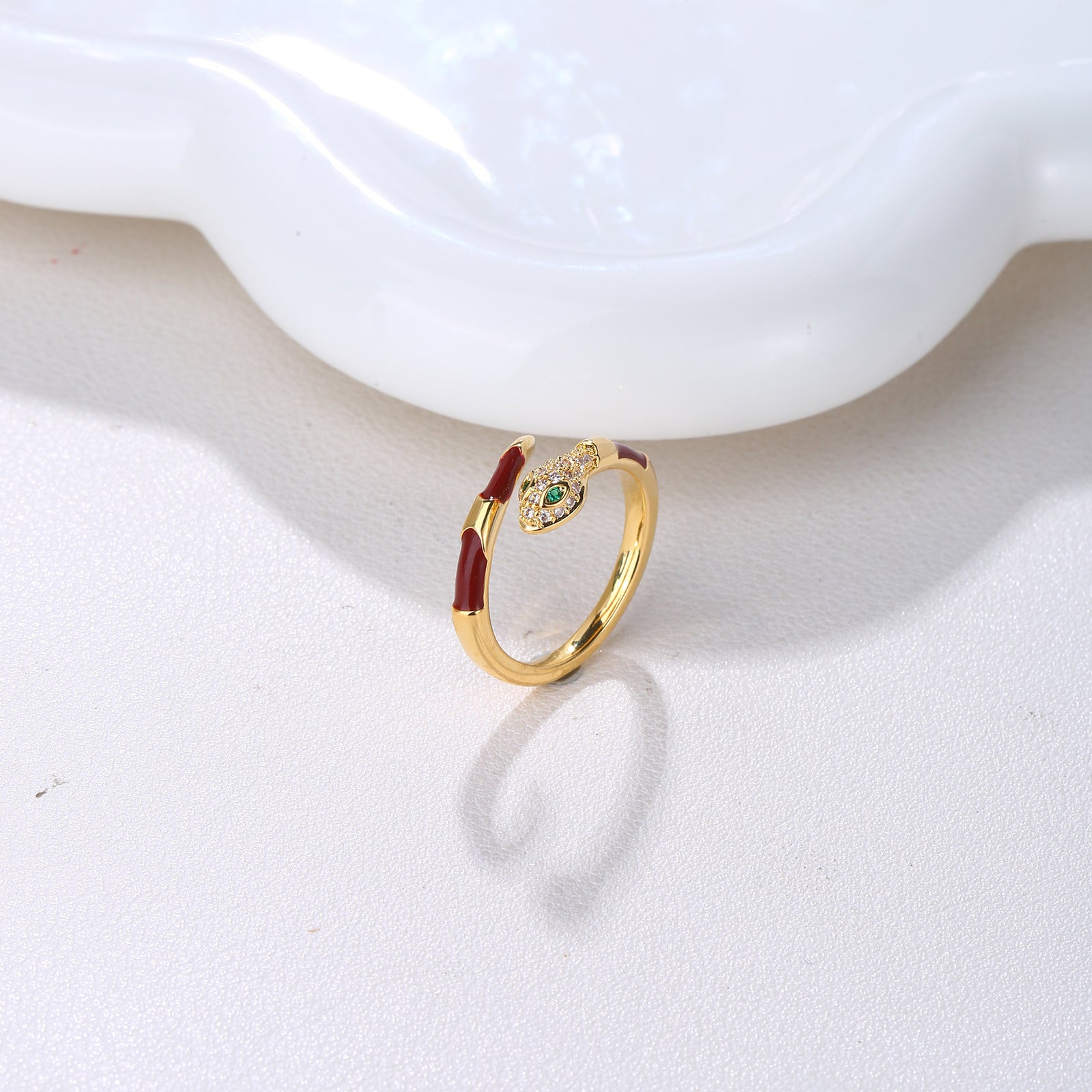 Red Enamel Pave CZ Snake Open Ring | 18K Gold Plated Brass | Wholesale OEM