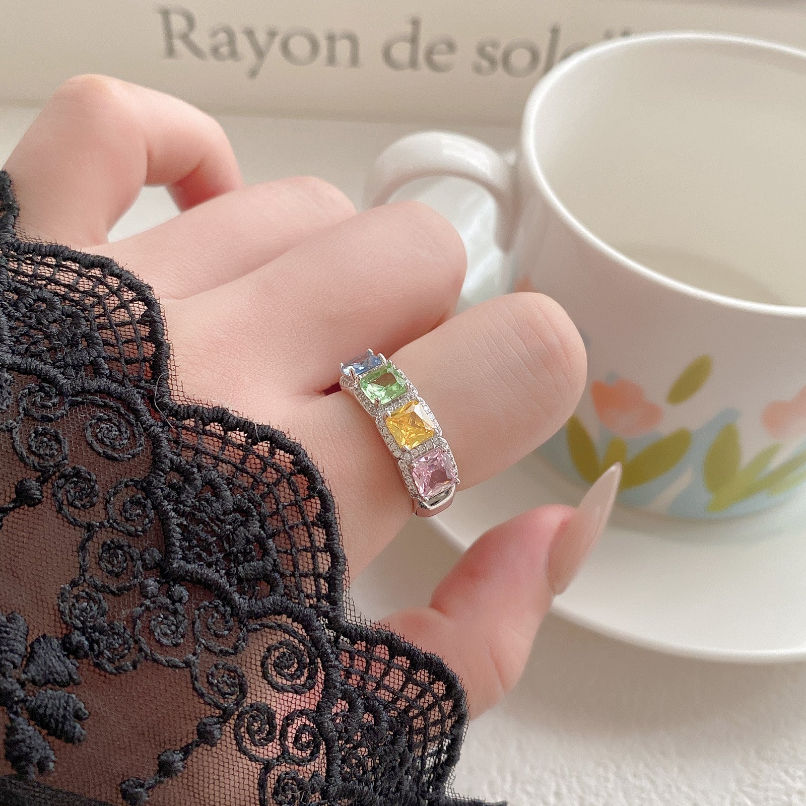Rainbow Princess Cut CZ Halo Open Band Ring | Silver Plated Brass | Wholesale OEM