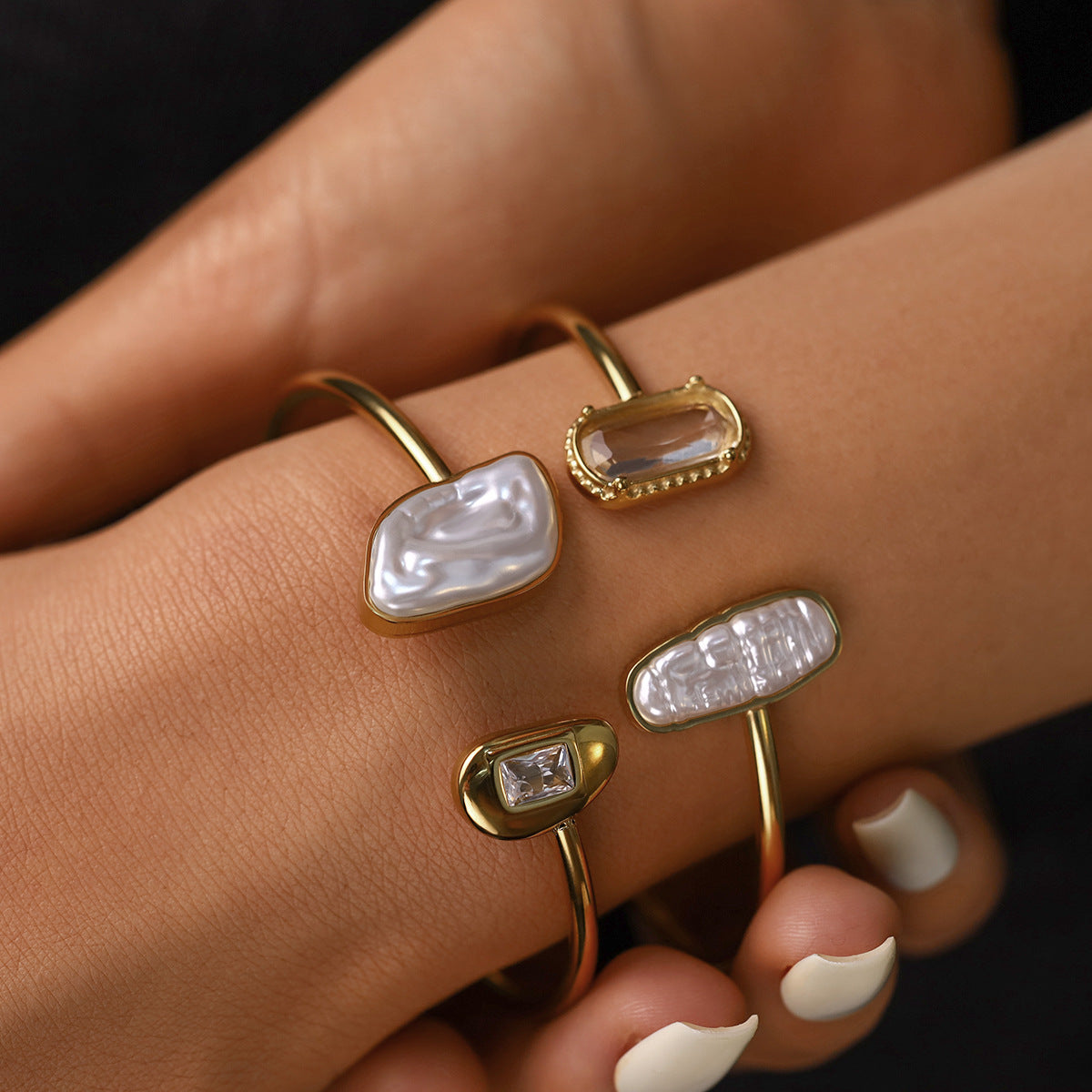 Baroque Pearl Open Cuff Bangle | 18K Gold Plated 316L Stainless Steel | Wholesale OEM