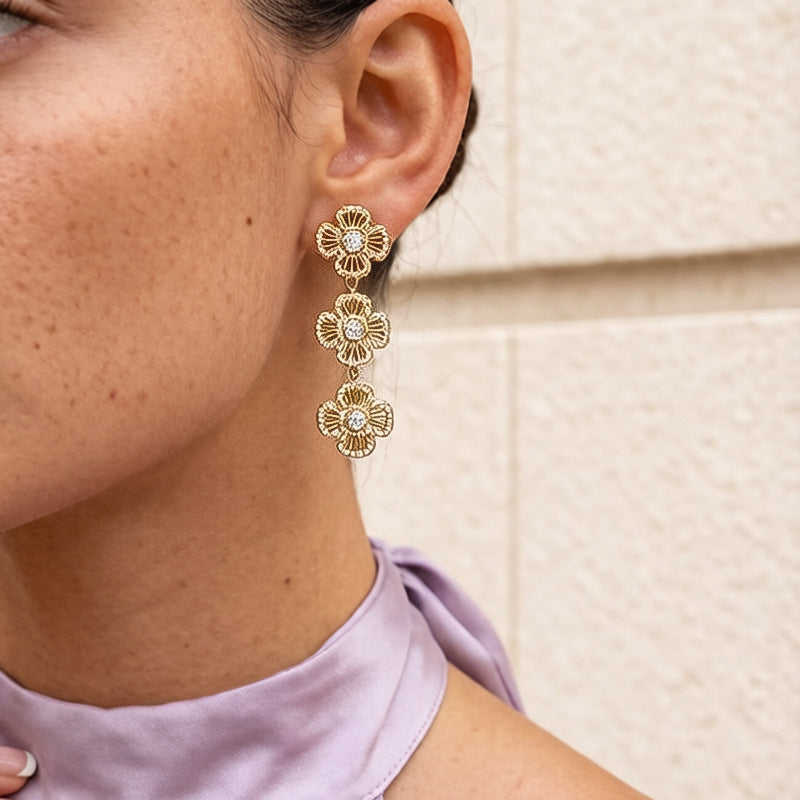 Triple Flower Pave CZ Drop Earrings | 18K Gold Plated 316L Stainless Steel | Wholesale OEM