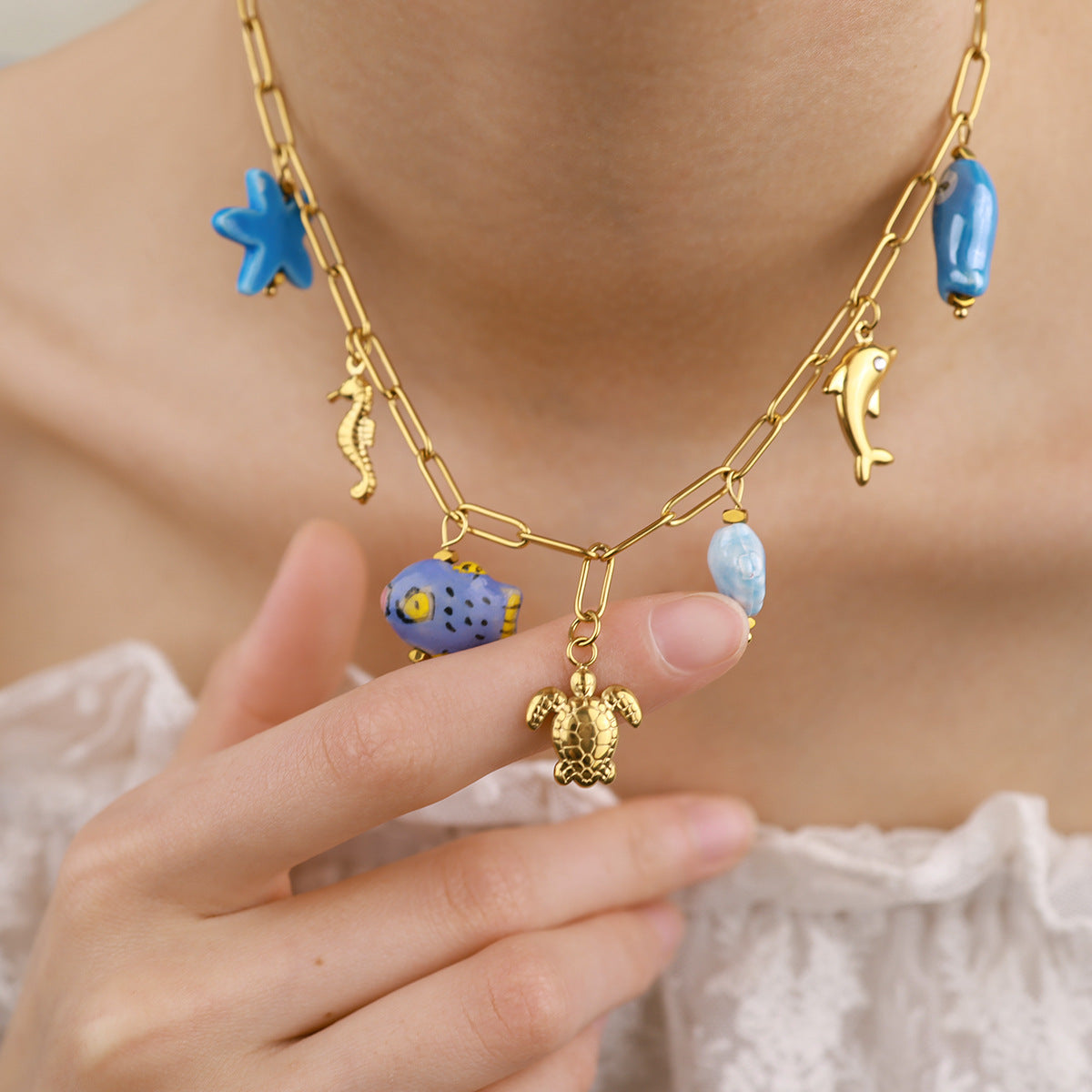 Summer Ocean Mixed Charm Paperclip Chain Necklace | 18K Gold Plated 316L Stainless Steel | Wholesale OEM