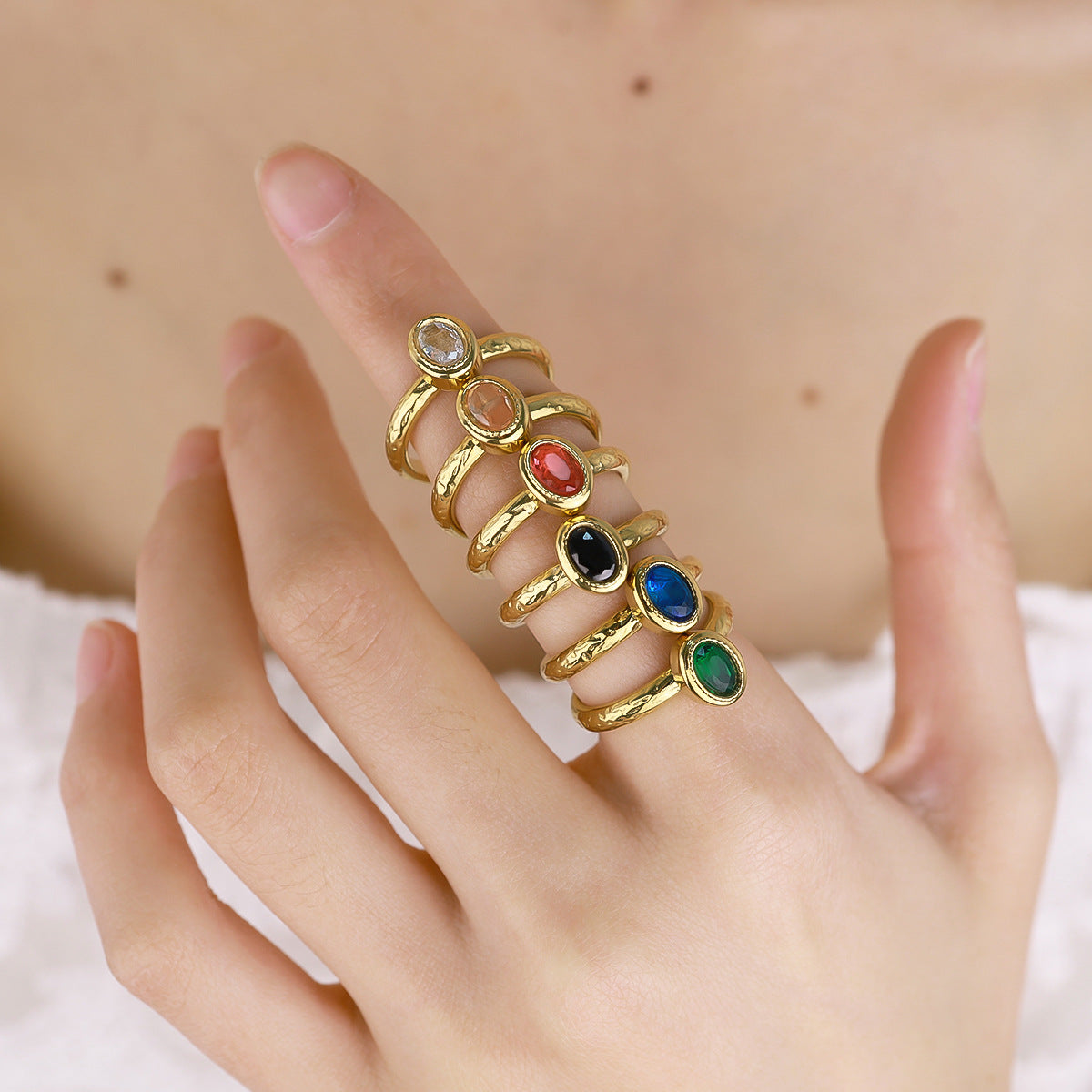 Oval Zircon Hammered Ring | 18K Gold Plated 316L Stainless Steel | Adjustable Wholesale