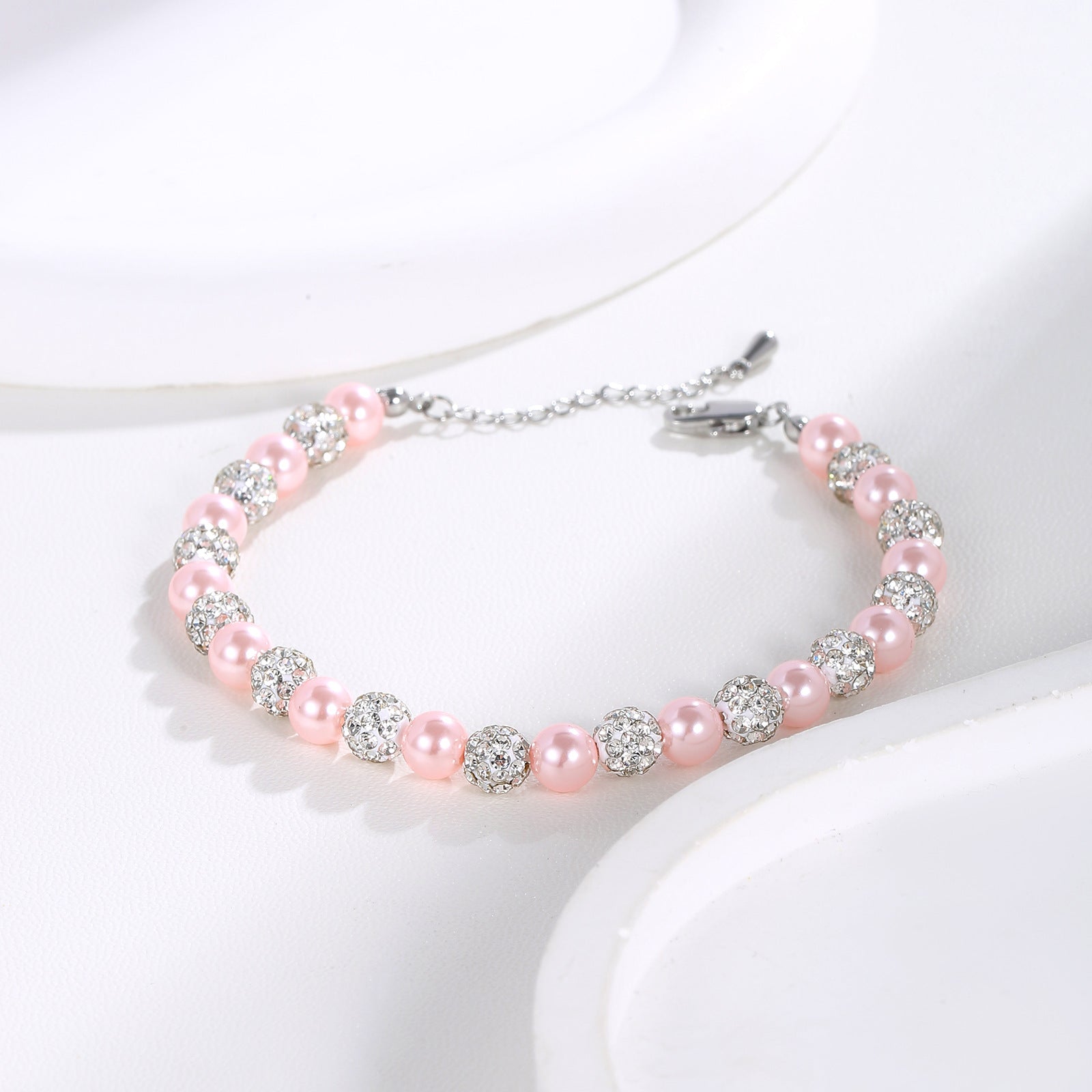 Blush Pink Pearl & Pavé CZ Beaded Bracelet | Silver Plated Brass | Wholesale OEM