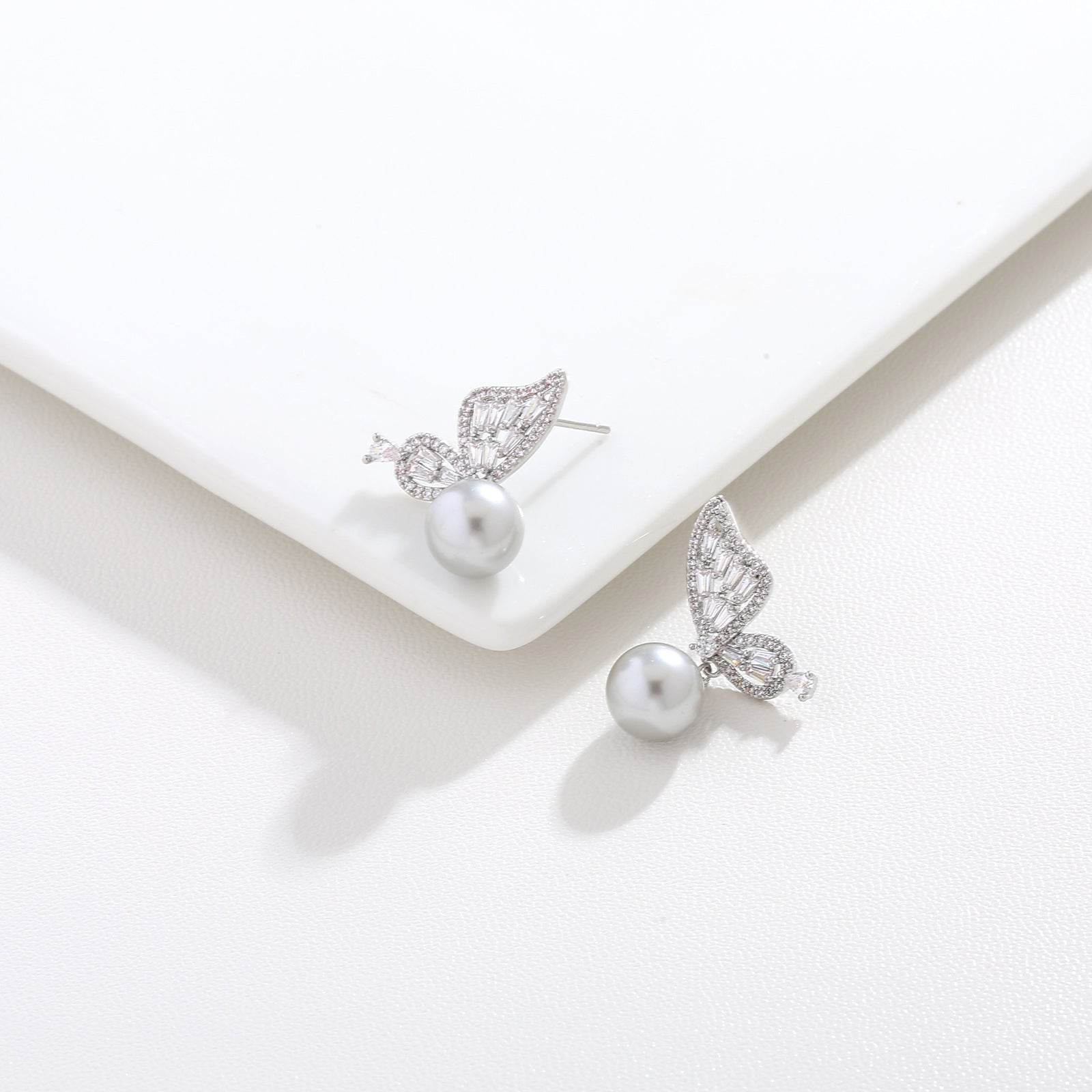 Baguette CZ Butterfly Pearl Drop Earrings | 18K Gold Plated Brass | Wholesale OEM