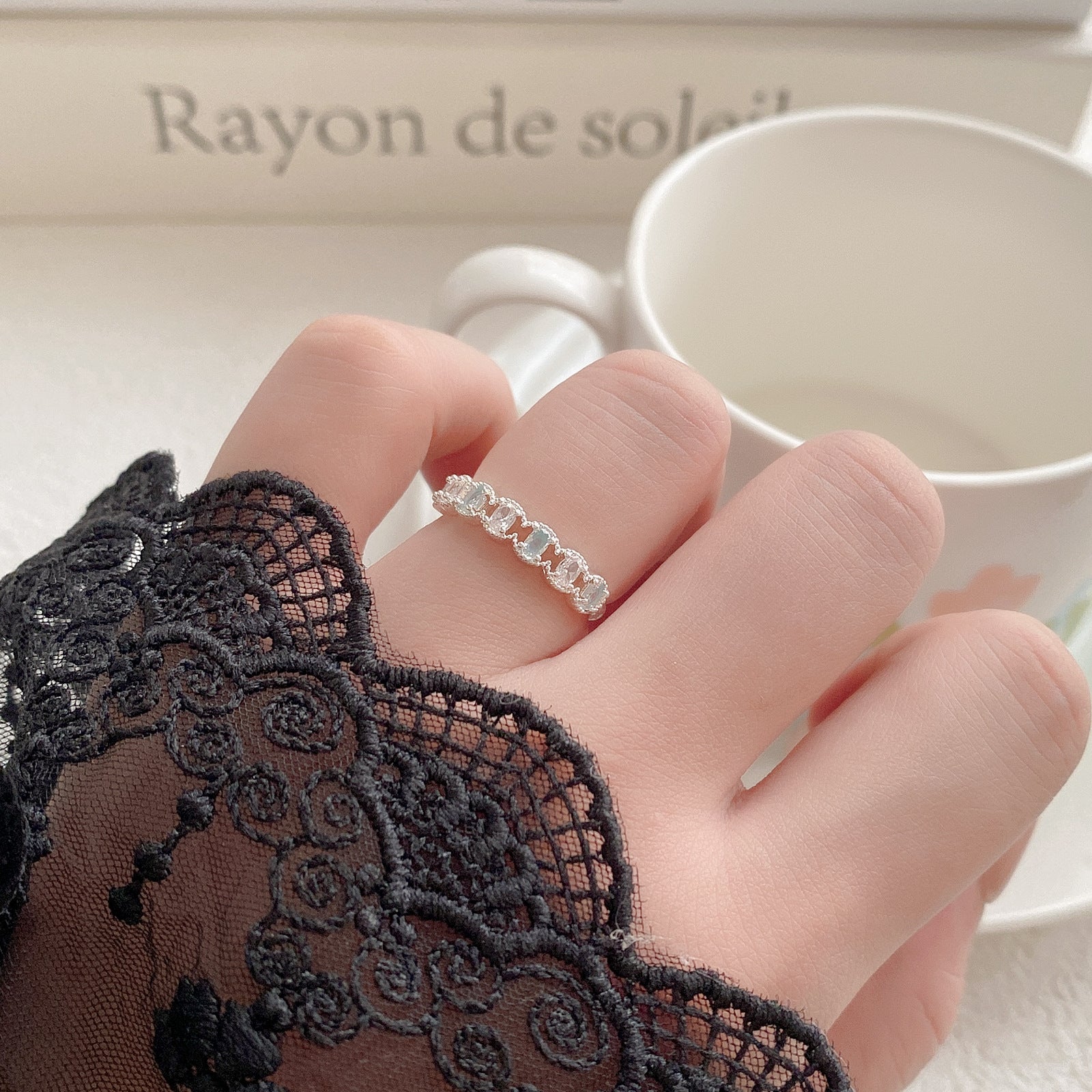 Alternating Blue & Clear CZ Half Eternity Band Ring | Silver Plated Brass | Wholesale OEM