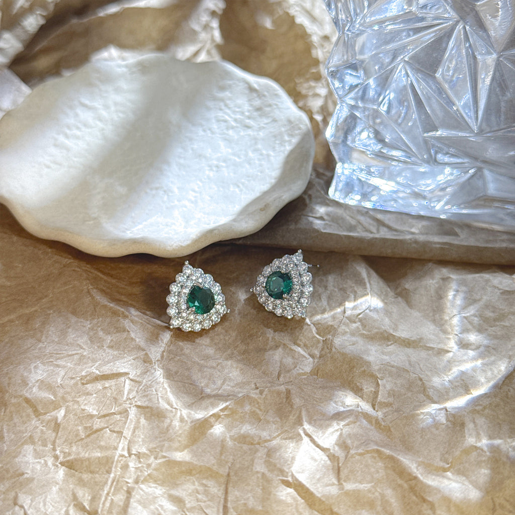 Emerald Green CZ Double Halo Triangle Stud Earrings | Silver Plated Brass | Wholesale OEM