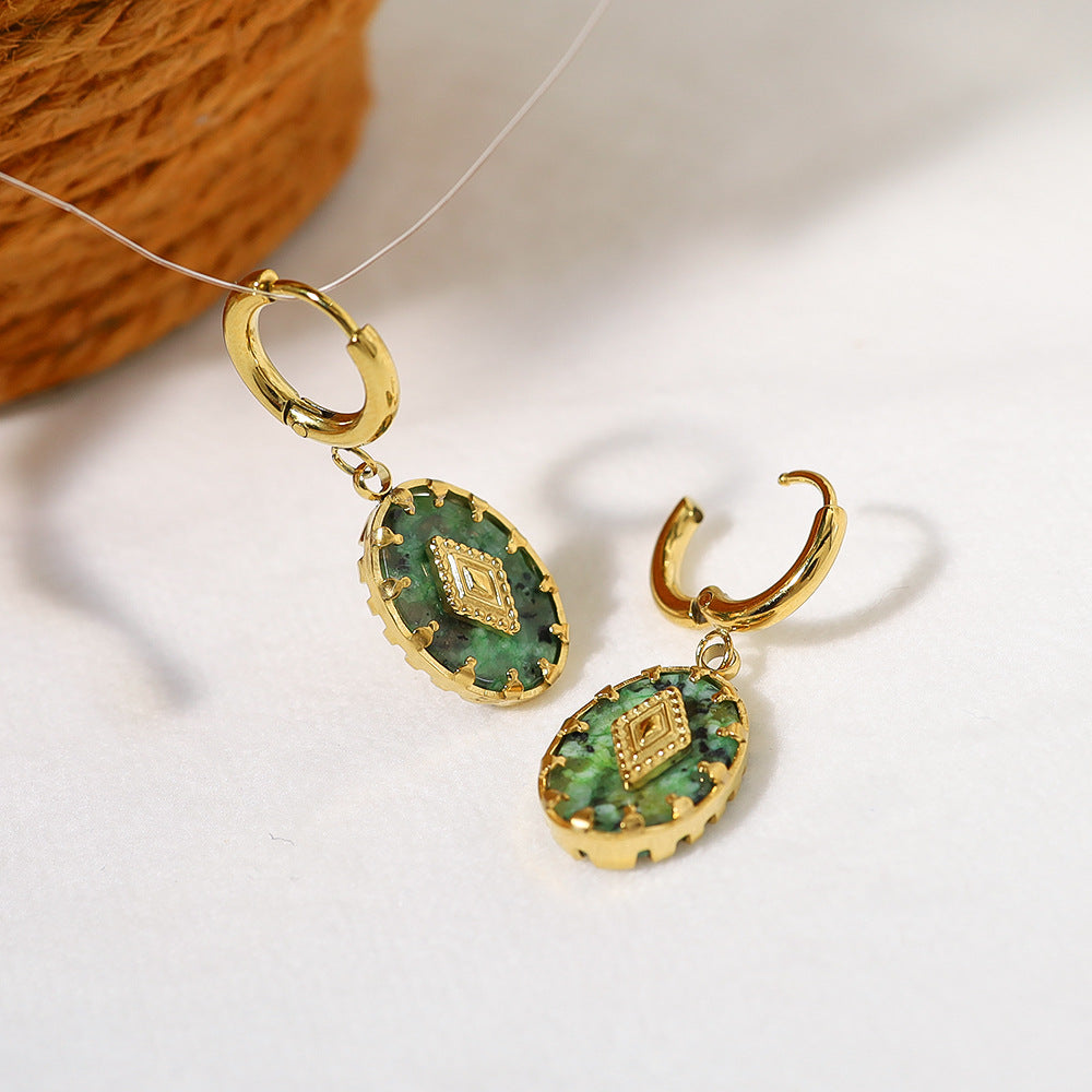 Vintage Oval Green Stone Huggie Earrings | 18K Gold Plated 316L Stainless Steel | Wholesale OEM