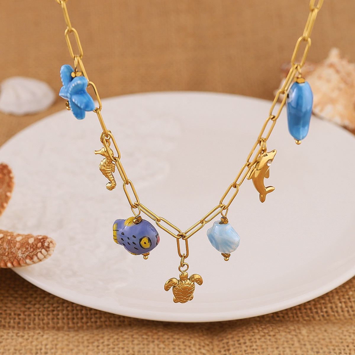 Summer Ocean Mixed Charm Paperclip Chain Necklace | 18K Gold Plated 316L Stainless Steel | Wholesale OEM