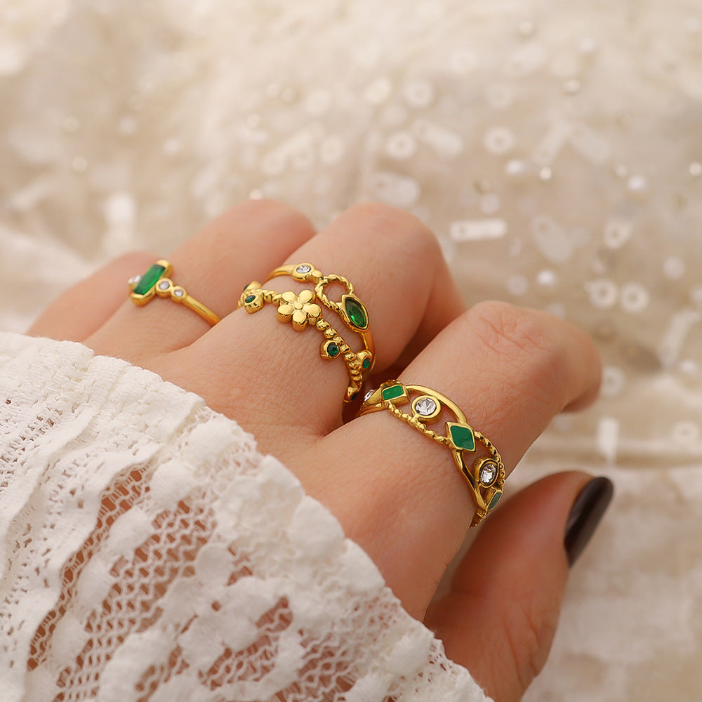 Emerald Green CZ Vintage Ring | 18K Gold Plated 316L Stainless Steel | Adjustable Wholesale