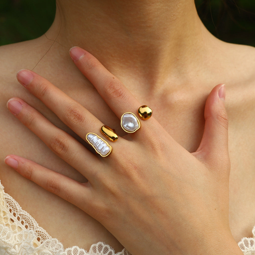 Baroque Pearl Minimalist Stackable Ring | 18K Gold Plated 316L Stainless Steel | Wholesale OEM