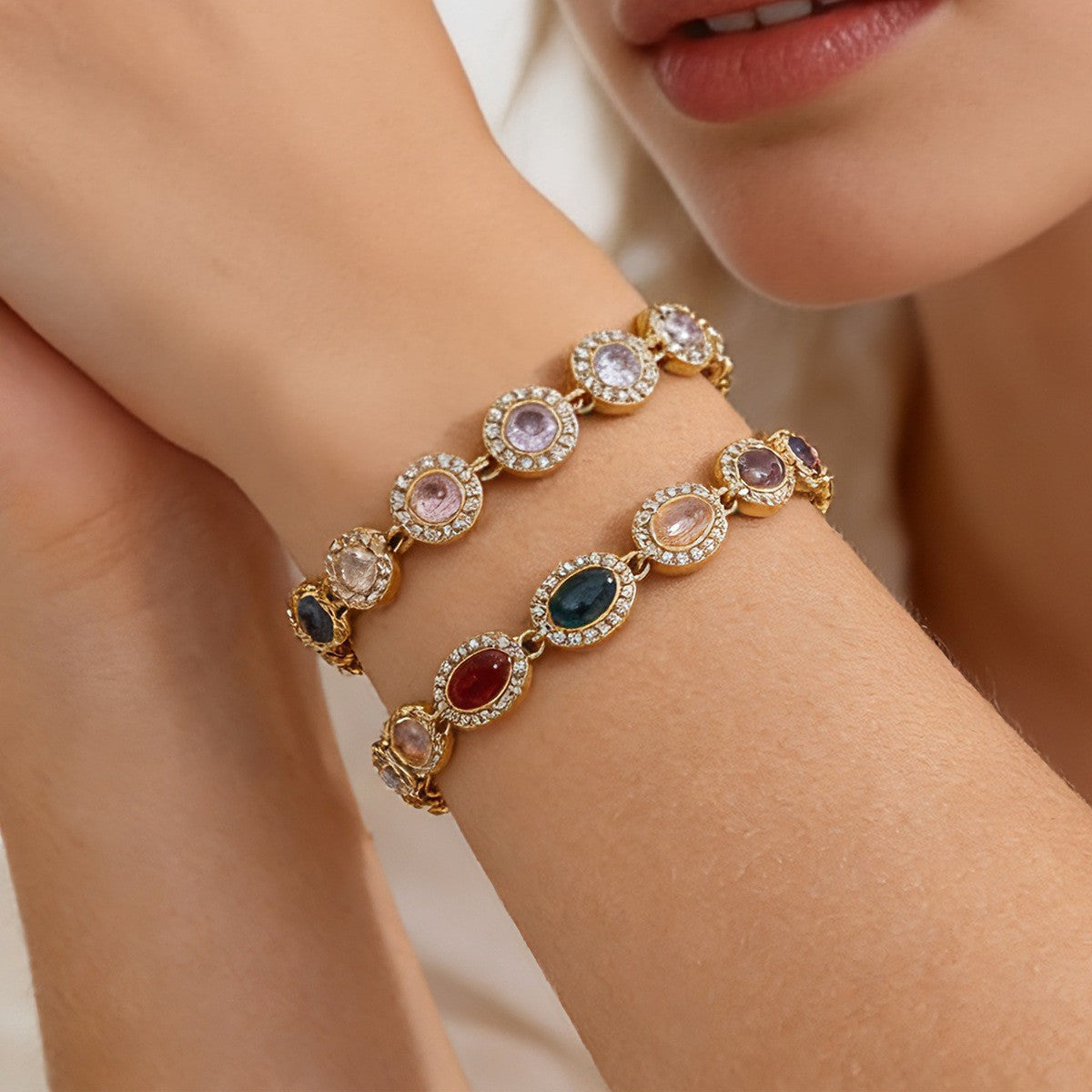 Multicolor Oval CZ Halo Bracelet | 18K Gold Plated 316L Stainless Steel | Wholesale OEM