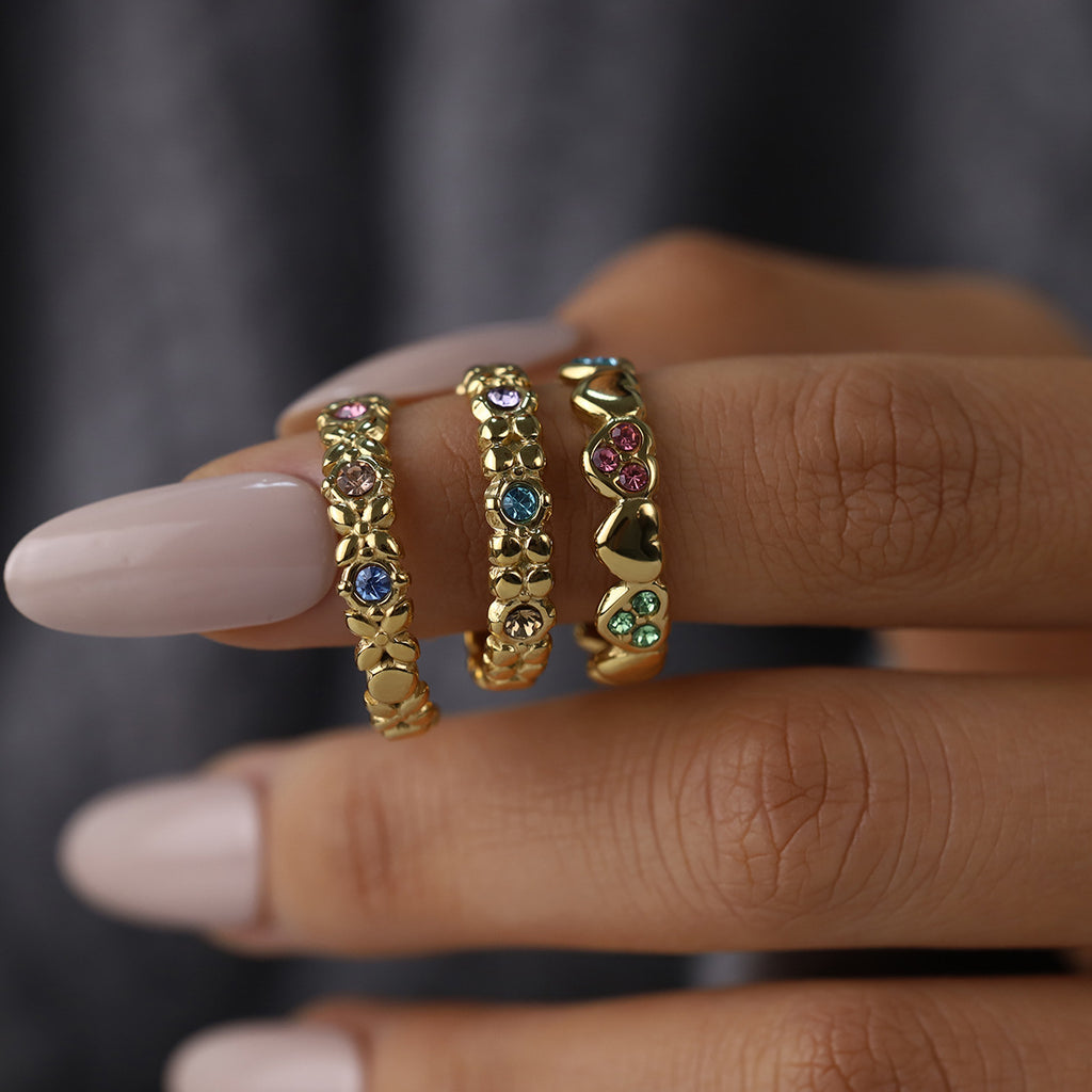 Multicolor Zircon Textured Open Ring | 18K Gold Plated 316L Stainless Steel | Wholesale OEM