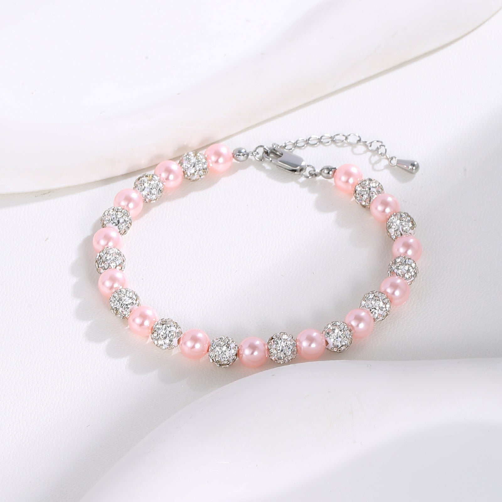 Blush Pink Pearl & Pavé CZ Beaded Bracelet | Silver Plated Brass | Wholesale OEM