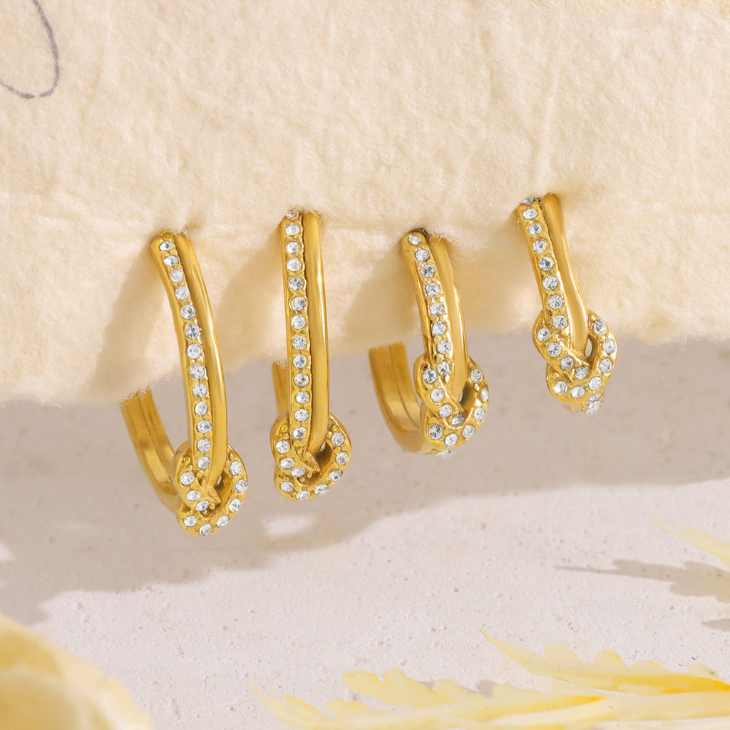 Pave CZ Knot C-Shaped Stud Earrings | 18K Gold Plated 316L Stainless Steel | Wholesale OEM