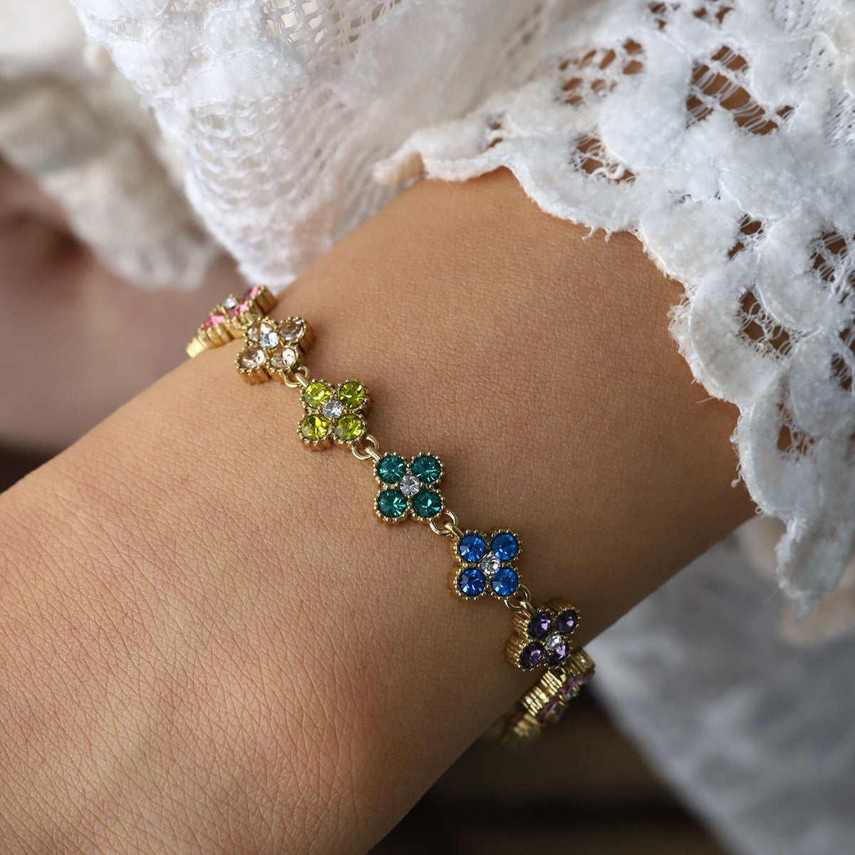 Multicolor Flower CZ Chain Bracelet | 18K Gold Plated 316L Stainless Steel | Wholesale OEM