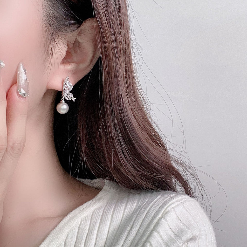 Baguette CZ Butterfly Pearl Drop Earrings | 18K Gold Plated Brass | Wholesale OEM