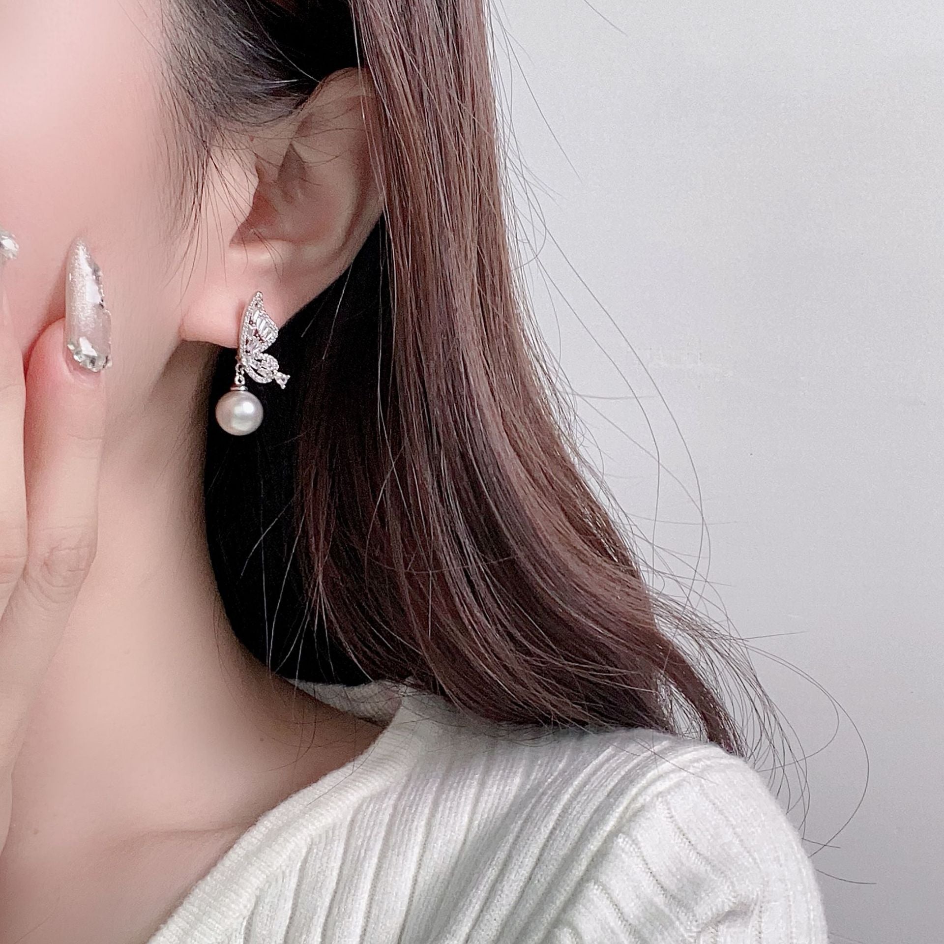 Baguette CZ Butterfly Pearl Drop Earrings | 18K Gold Plated Brass | Wholesale OEM