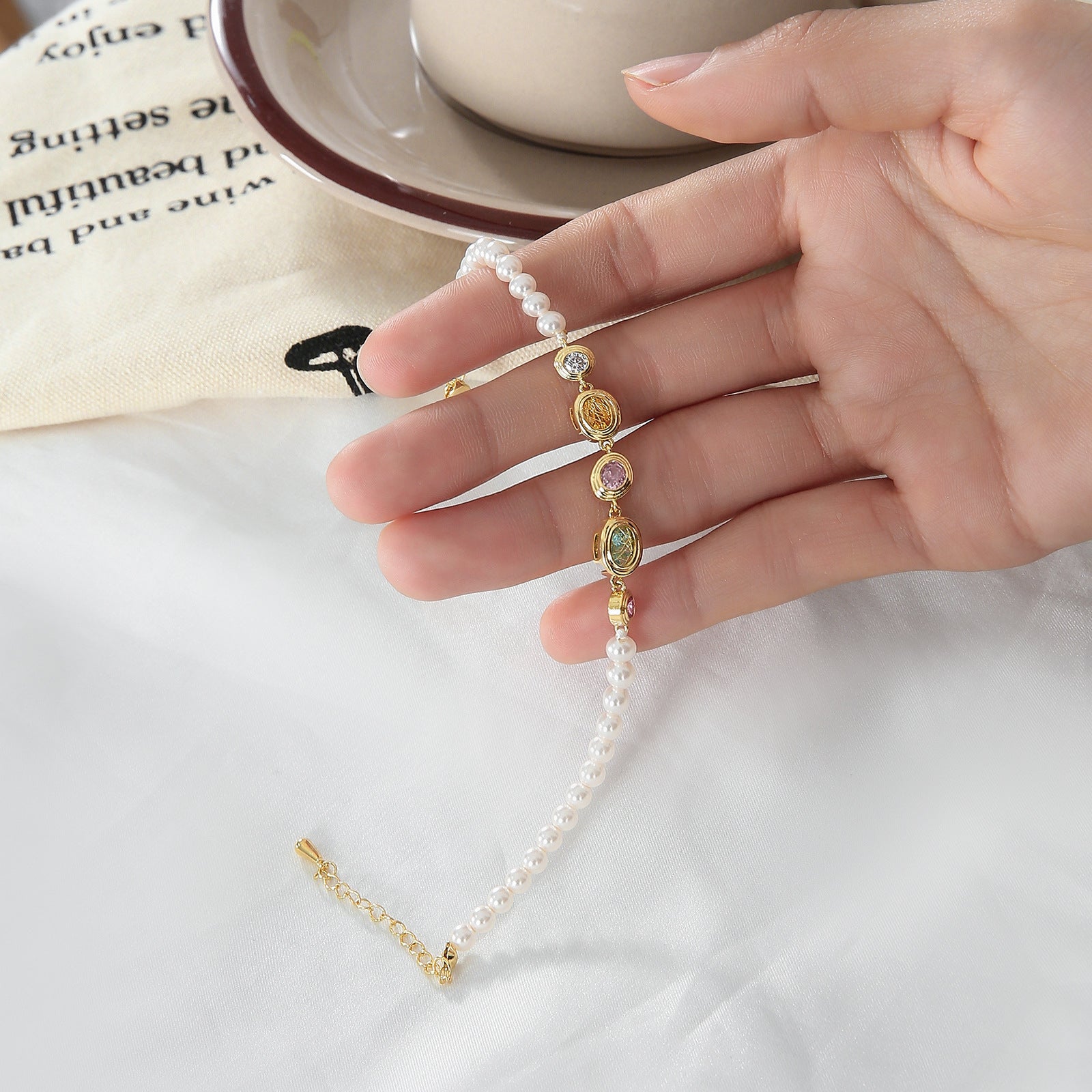Vintage Medallion Multicolor CZ Pearl Beaded Bracelet | 18K Gold Plated Brass | Wholesale OEM