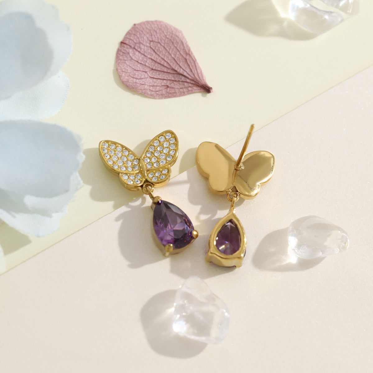 Butterfly Pave CZ Teardrop Purple Dangle Earrings | 18K Gold Plated 316L Stainless Steel | Wholesale OEM